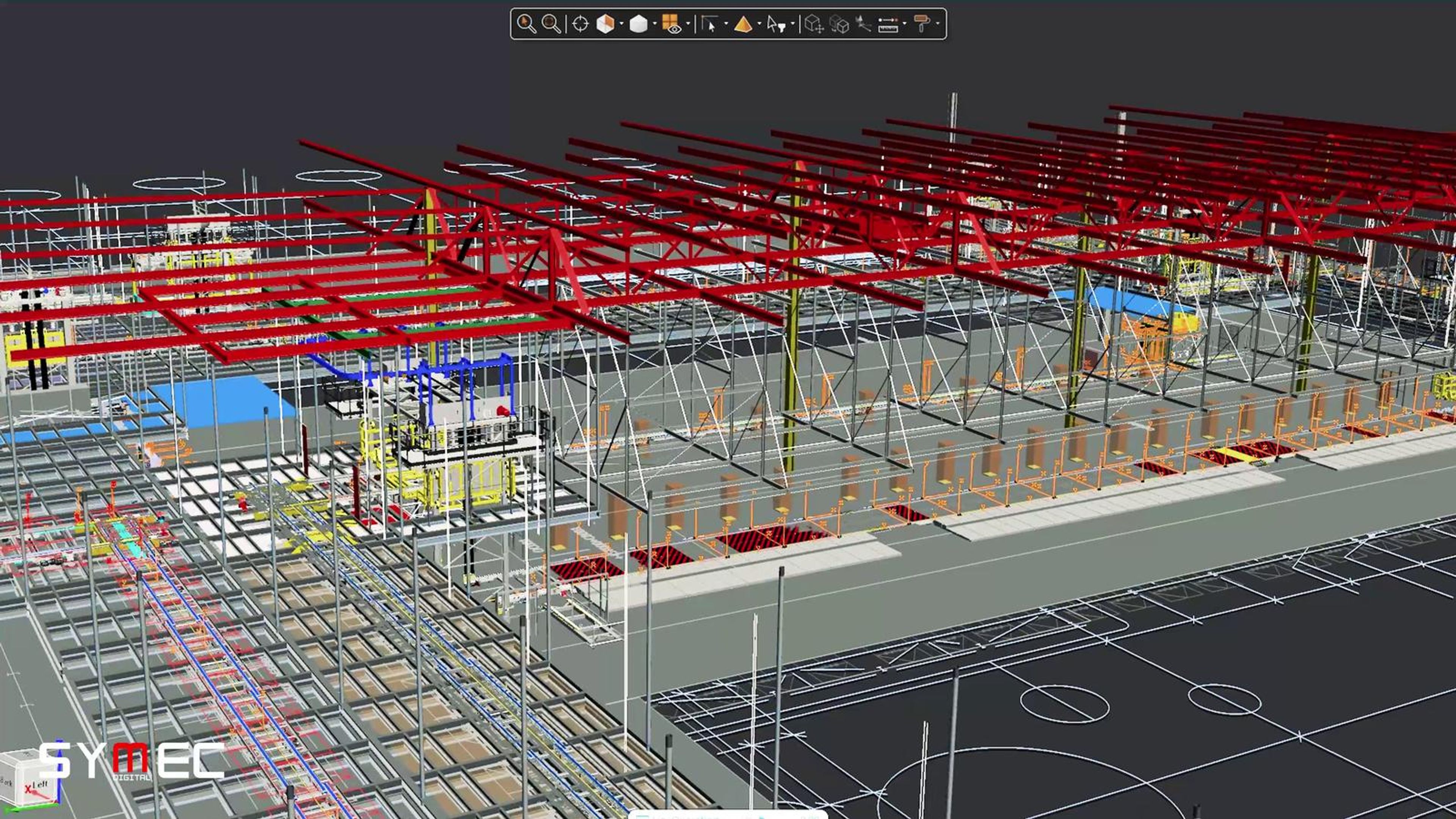 3D model of a factory with red racking