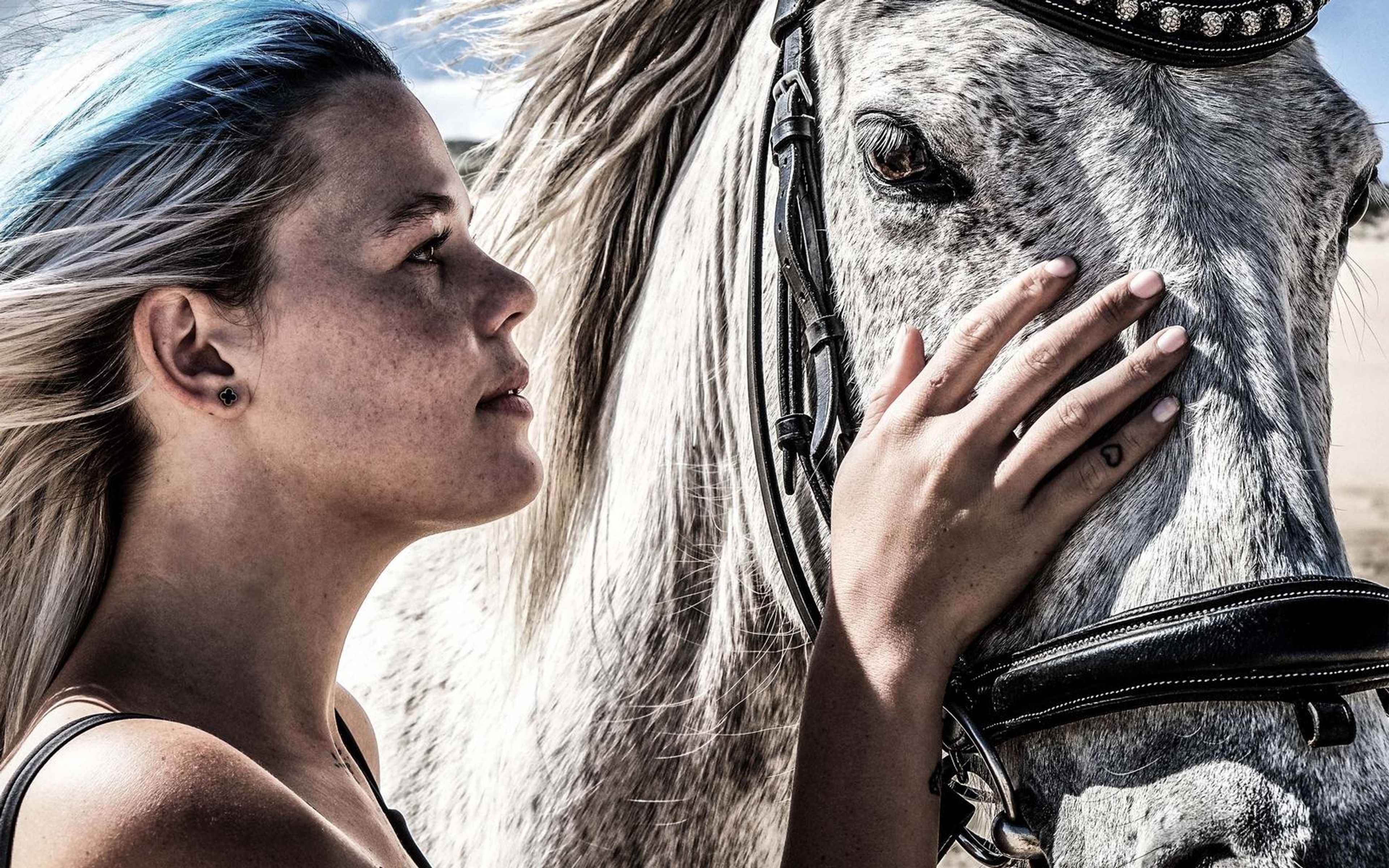 Profile of a woman with blue-streaked hair touching a horse's face, deeper contrast edit
