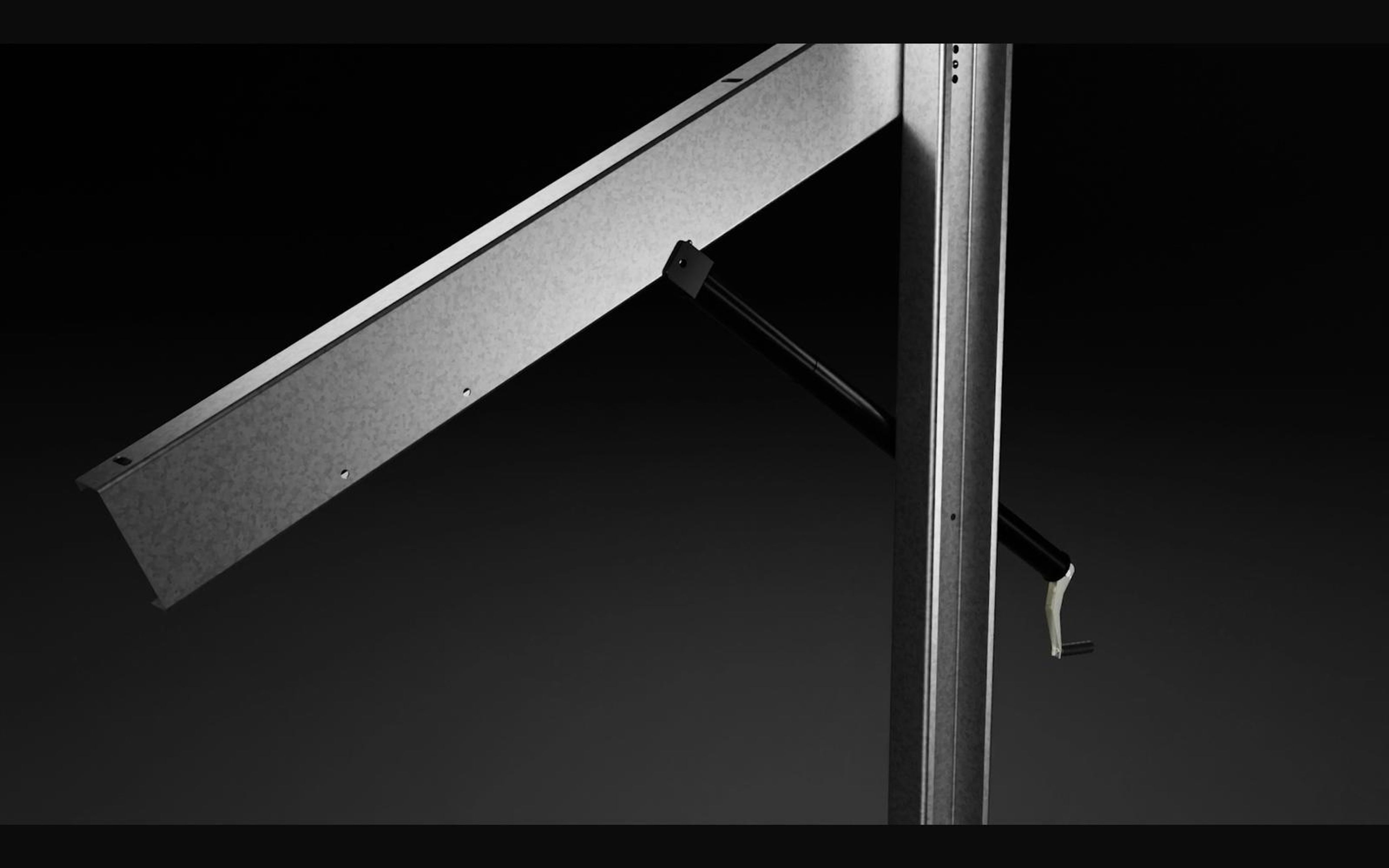Diagonal galvanised rail meeting a post with a pivot arm