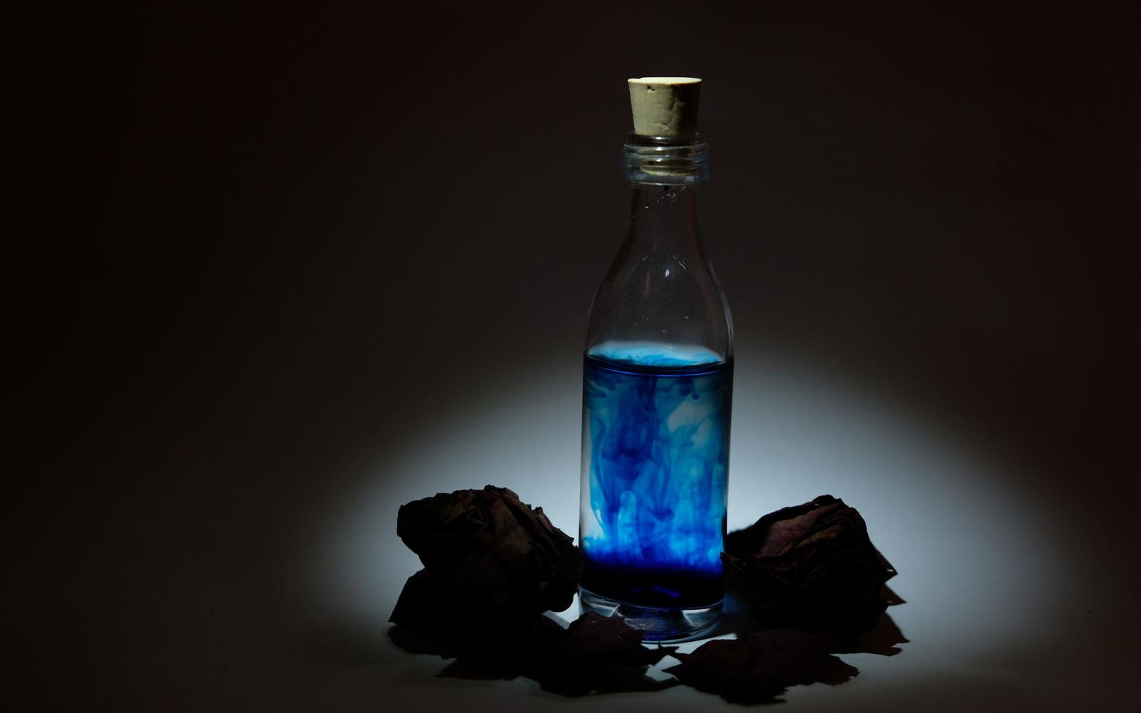 Corked glass bottle of swirling blue liquid among dried roses, surrounded by a pool of white light