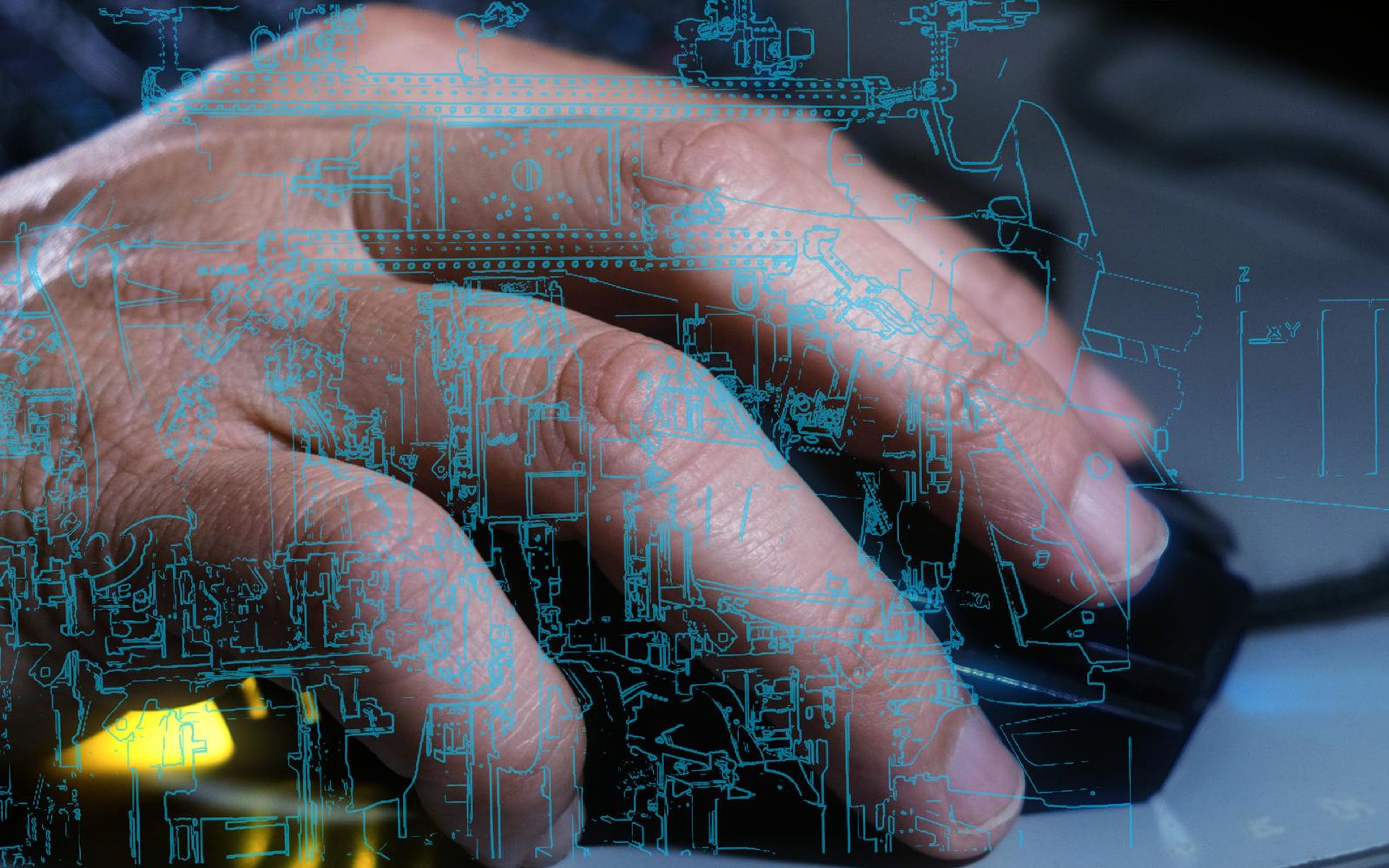 Hand on a mouse overlaid with a blueprint wireframe