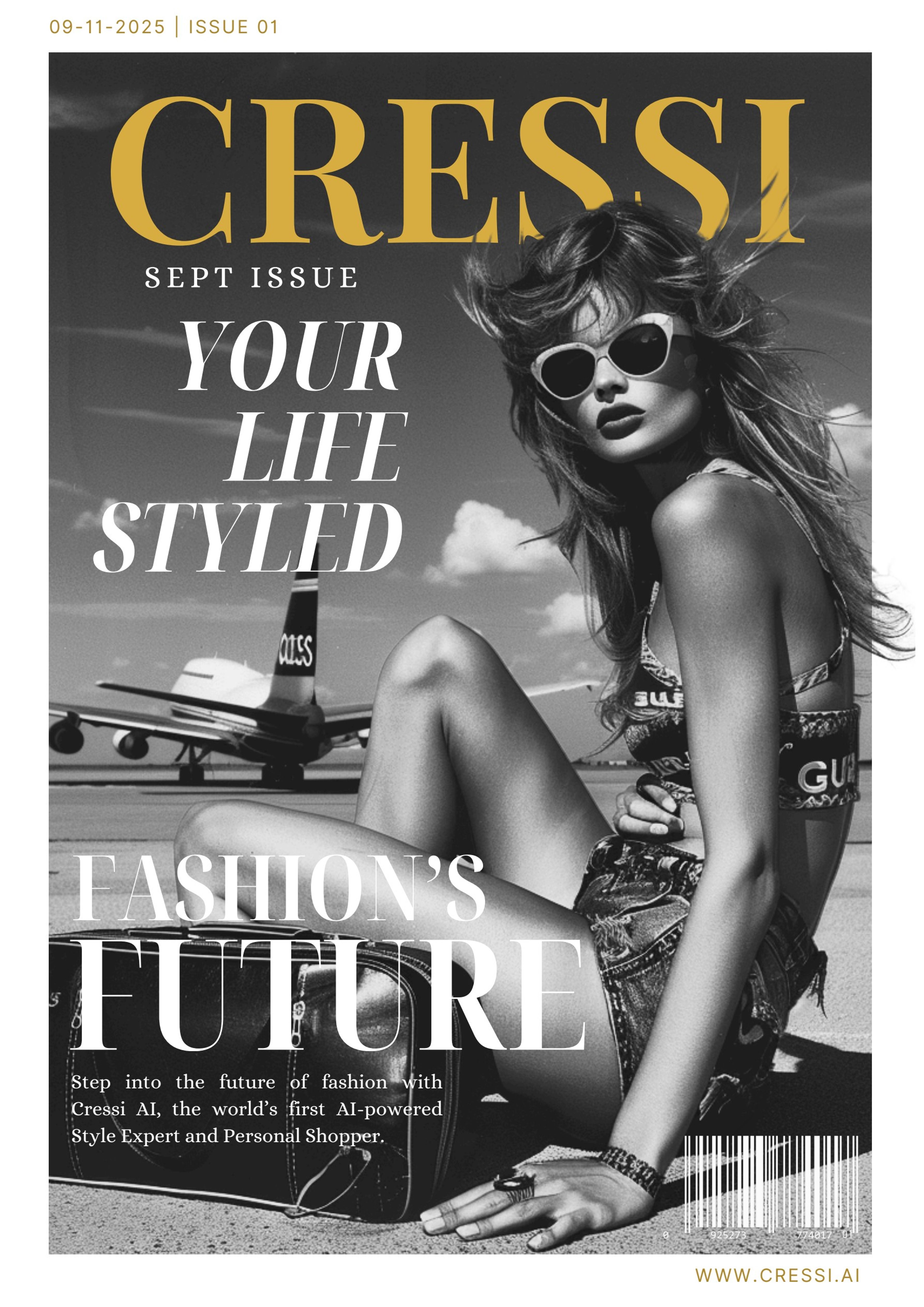 Cover of the CRESSI September Issue 01, 'Your life styled', with a black-and-white fashion model in white sunglasses and the headline "Fashion's future"