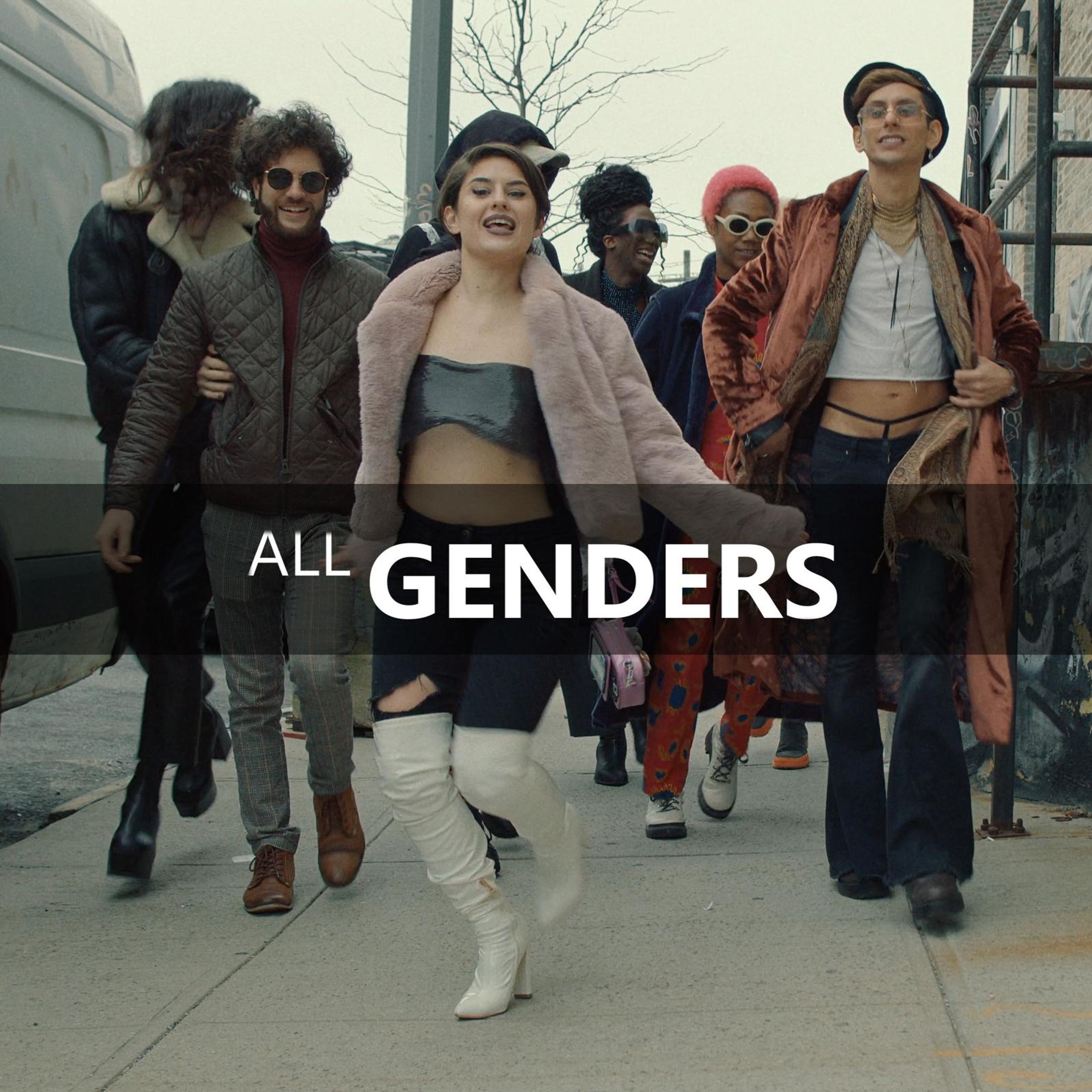 Square frame with the text All Genders over a group walking
