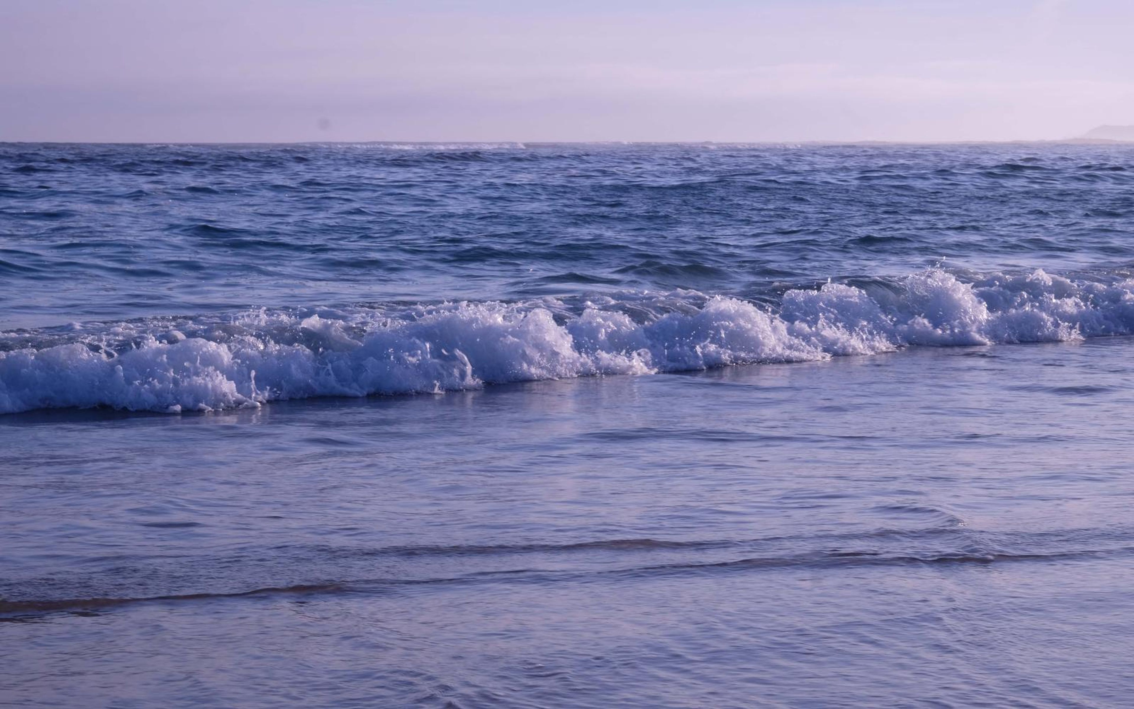 Close view of a breaking wave with white foam under a pale lilac sky