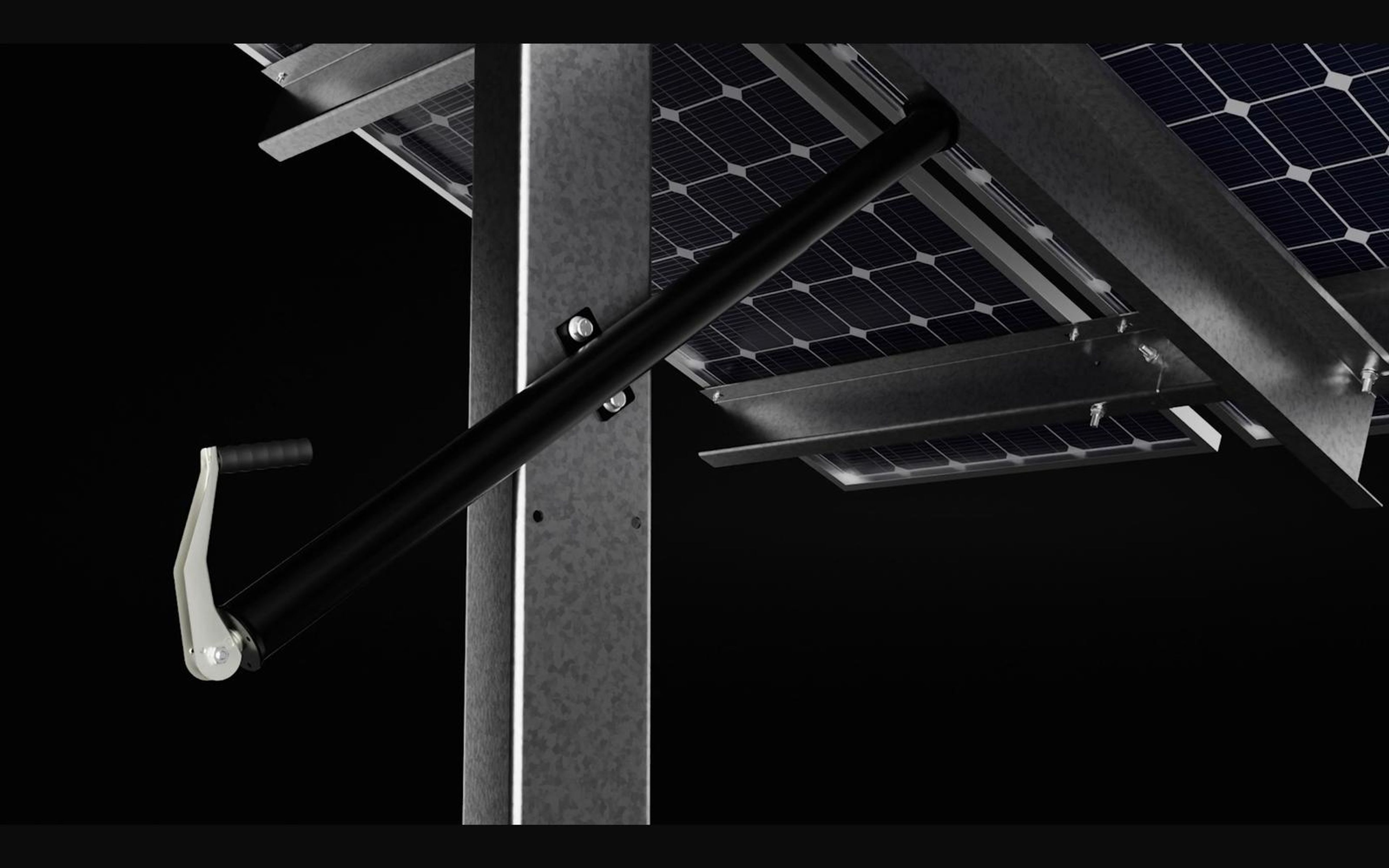 Adjustment handle and pivot arm under a solar panel