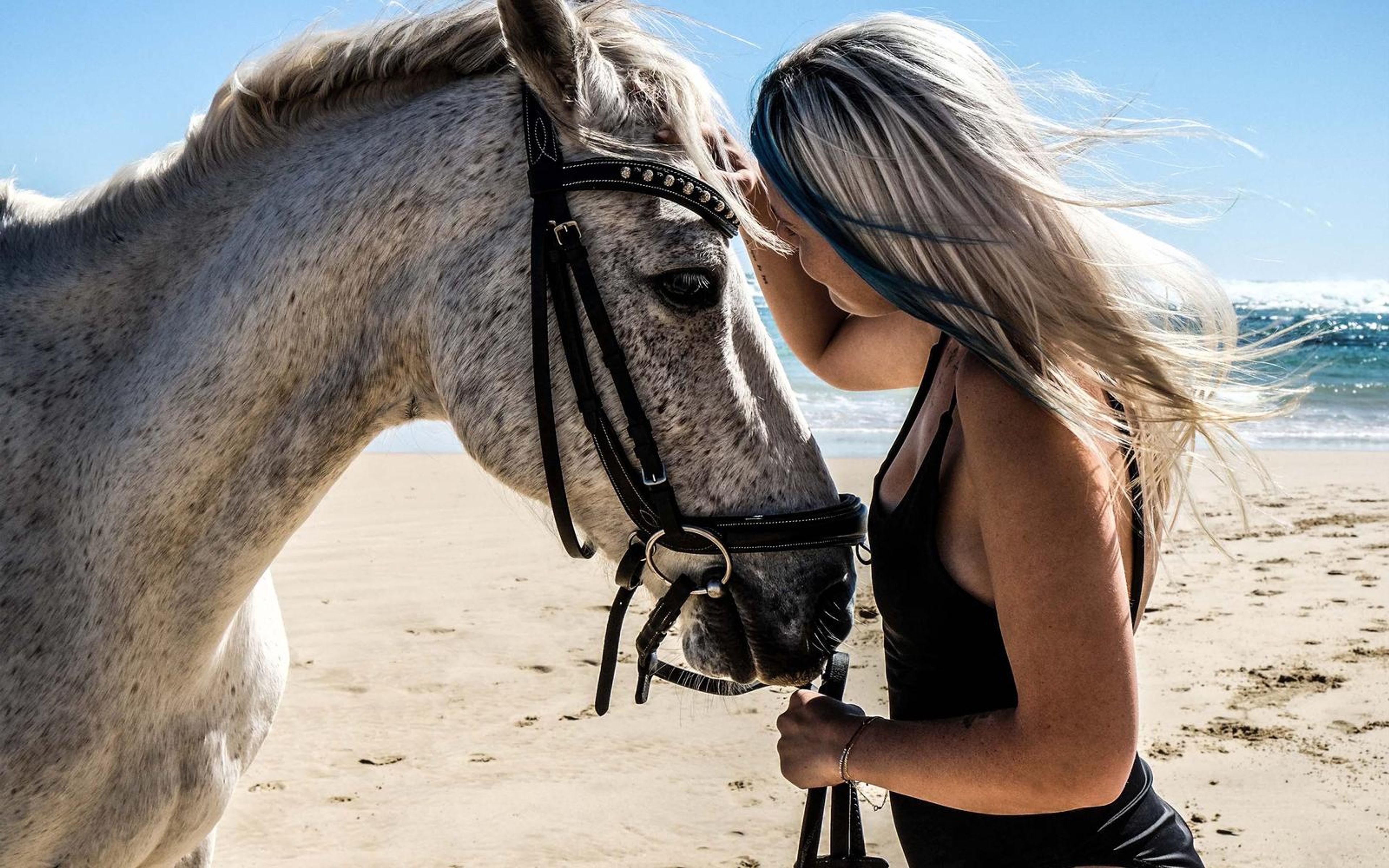 Woman leaning her forehead to a horse's face with wind in her hair and waves behind, colour edit