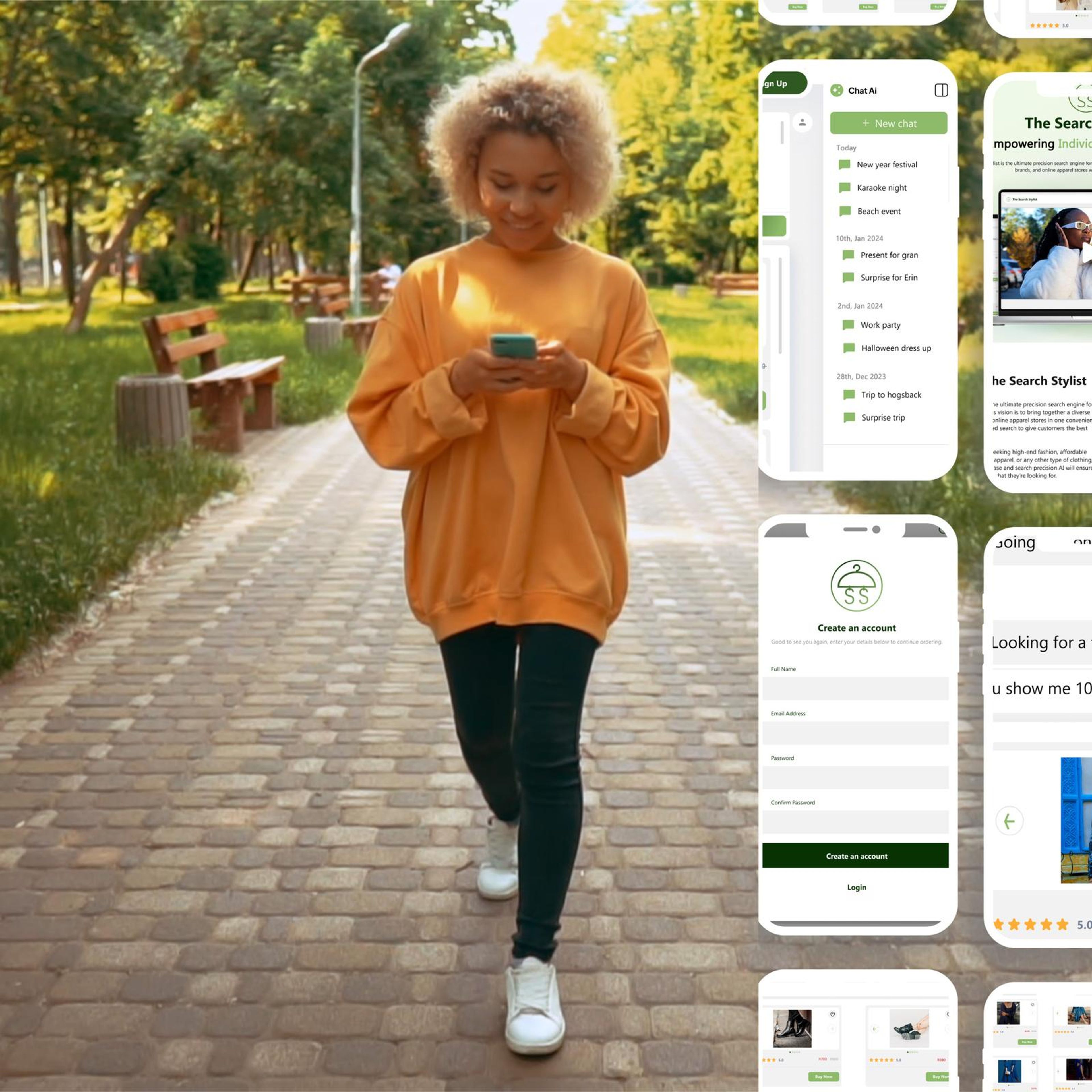 Square frame of a woman walking while the app screens appear beside her