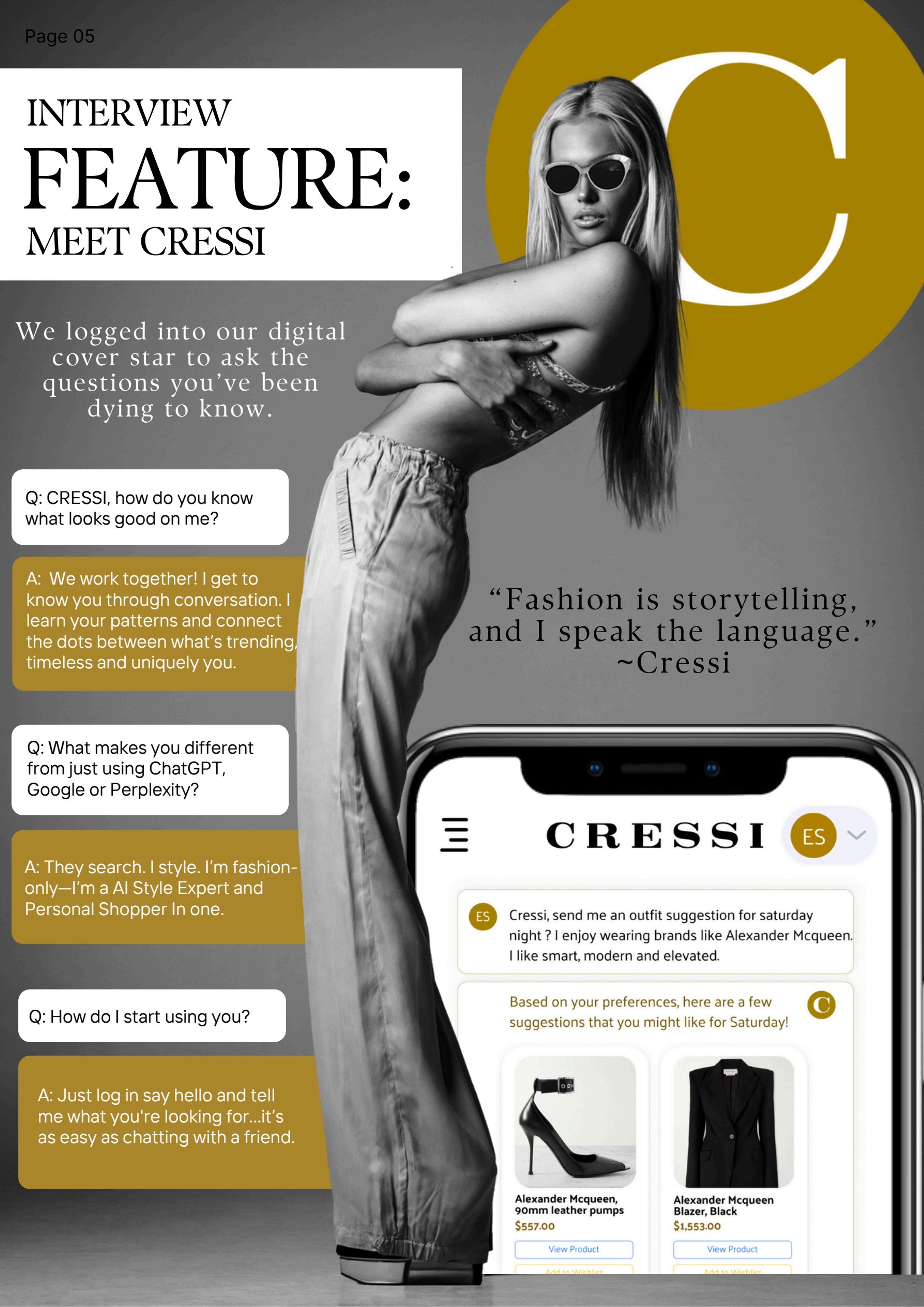 Interview feature 'Meet Cressi', a question-and-answer page with the digital cover star and the CRESSI chat on a phone