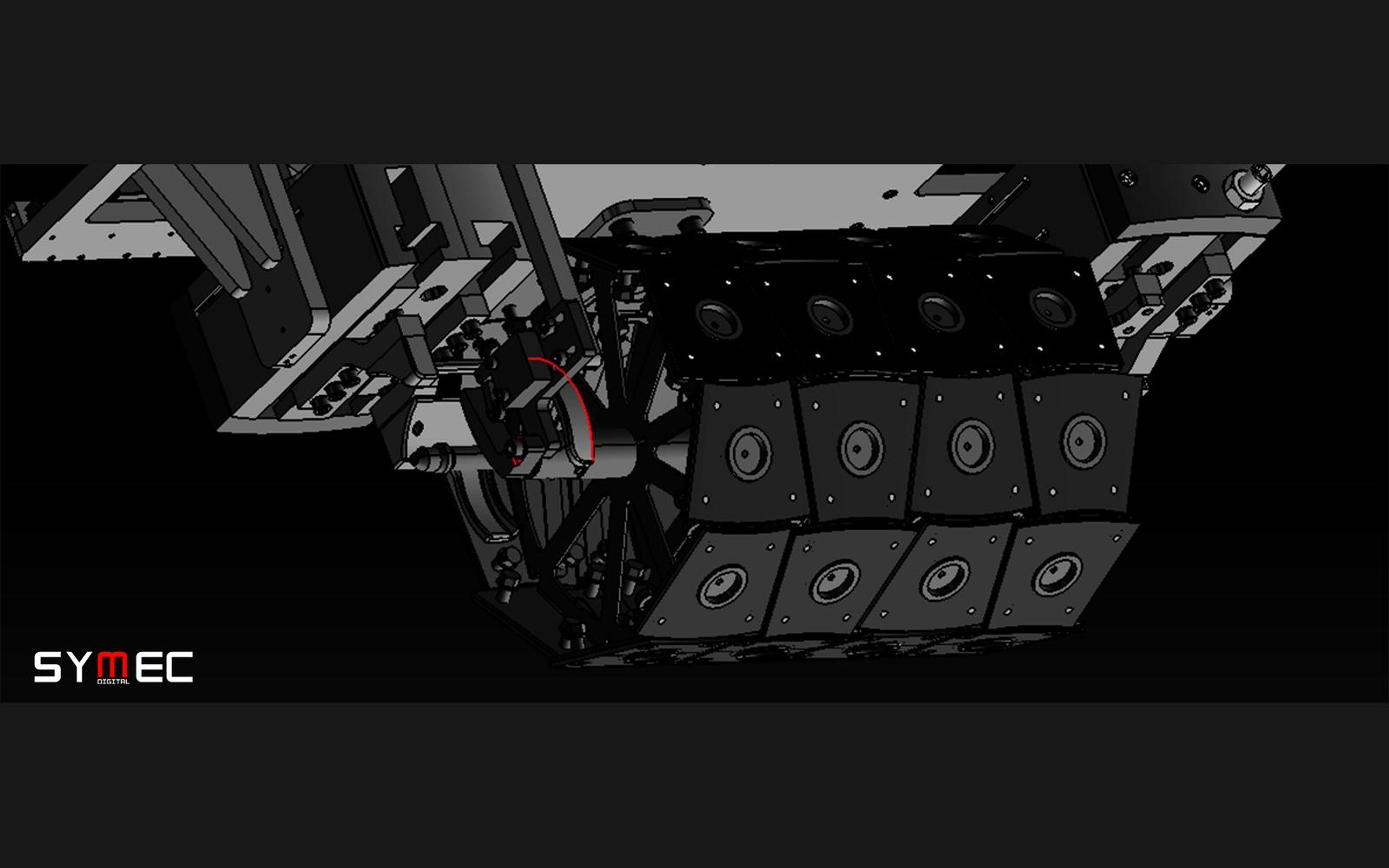 Wide roller conveyor simulation with the Symec logo