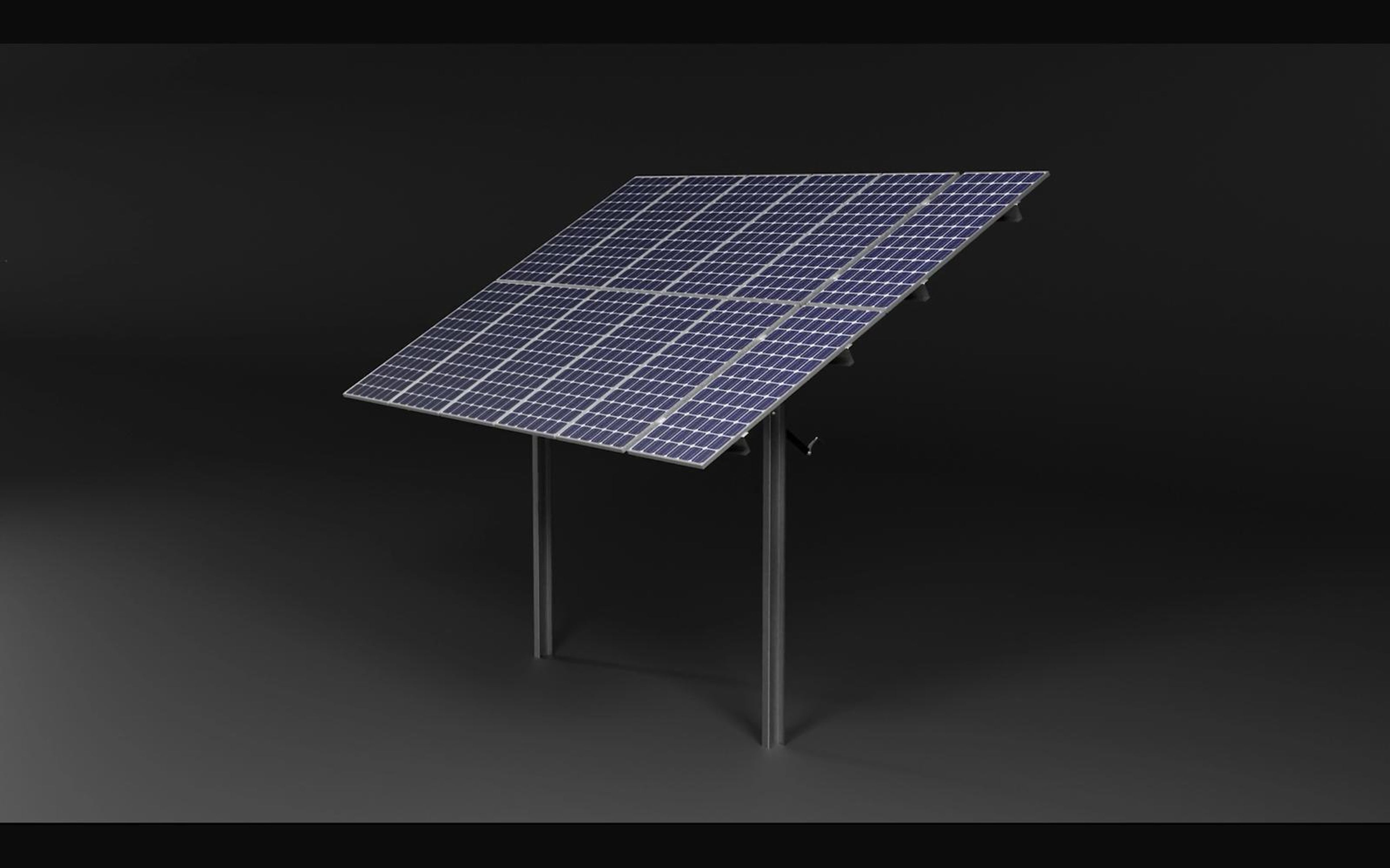 Tilted solar panel on a two-post mounting frame, front view