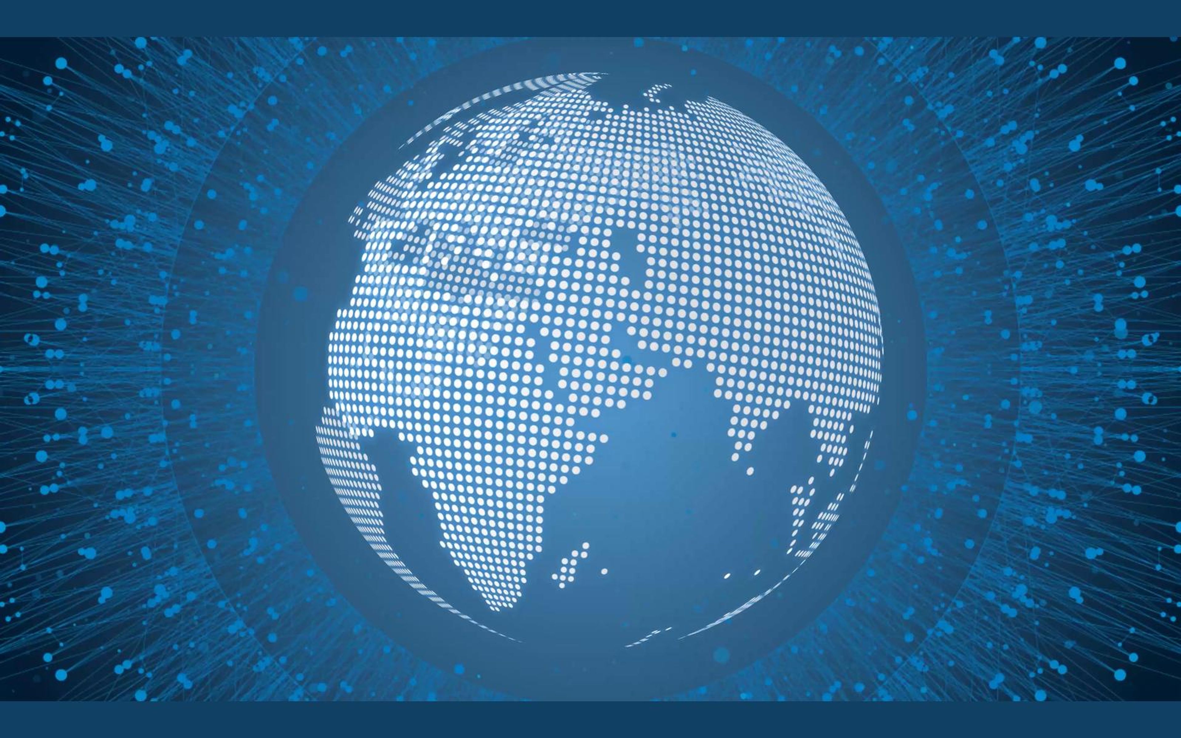 Dot-matrix globe with glowing light streams crossing the continents