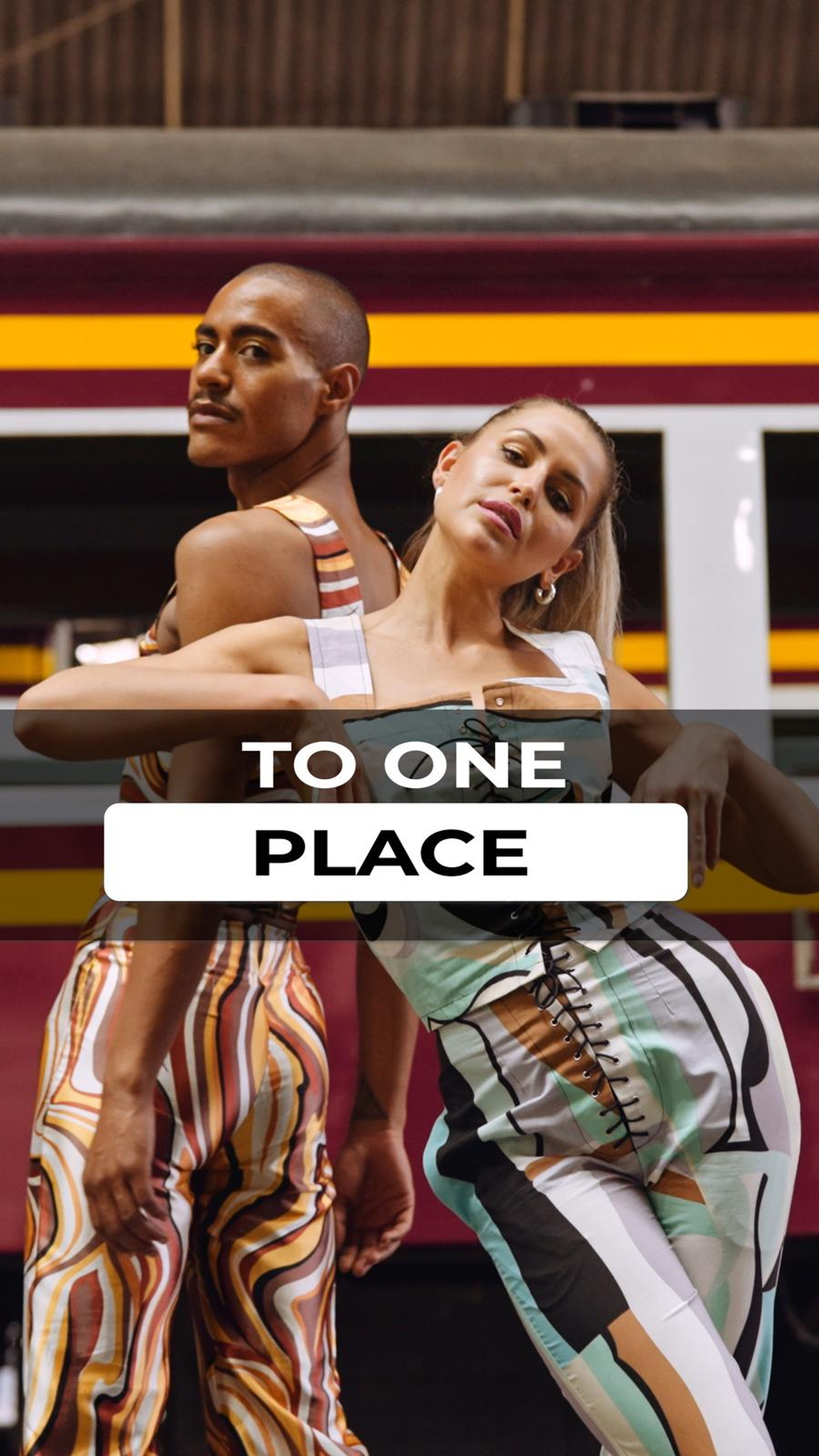 Vertical frame with the text To One Place over two fashion models