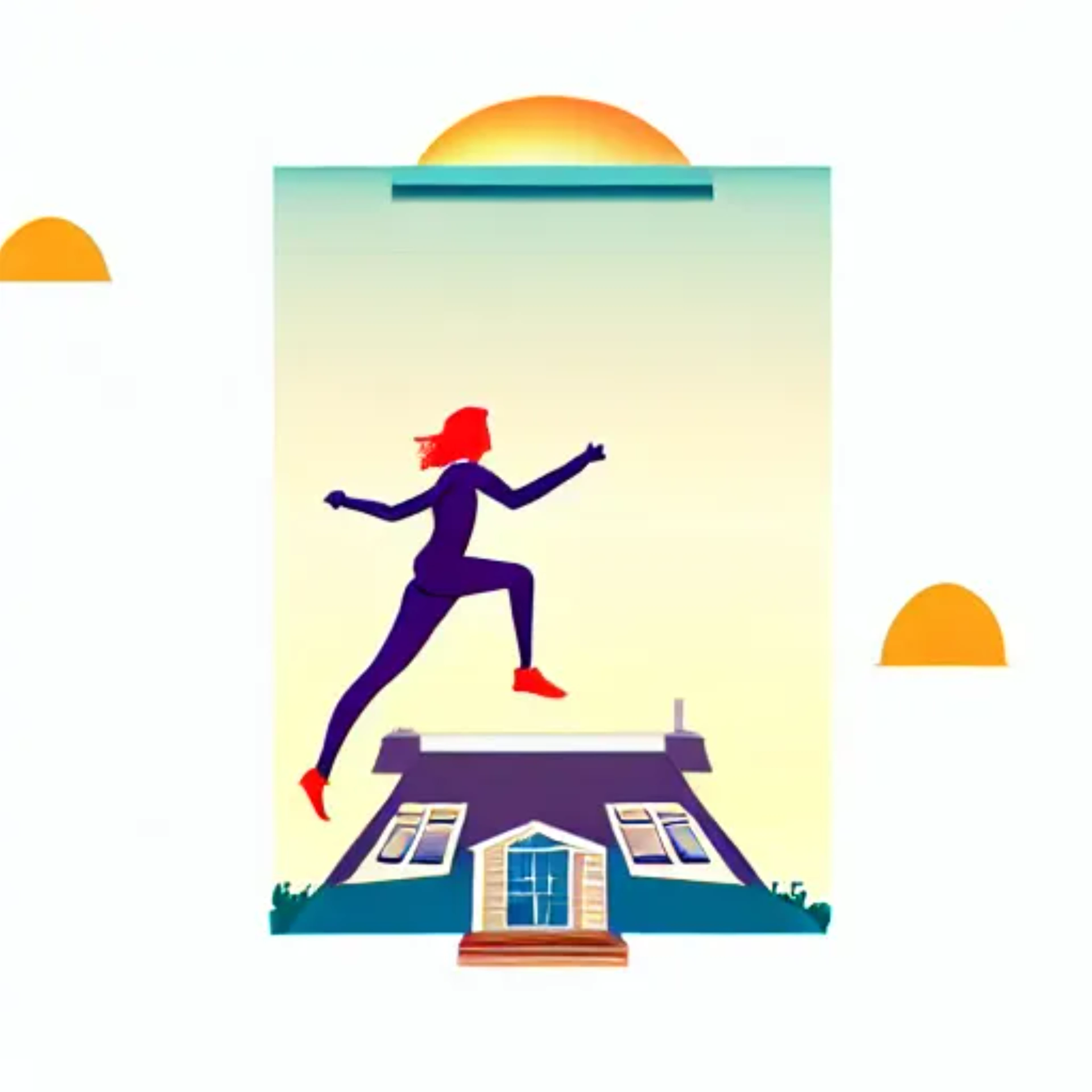 Abstract image of a runner jumping over a house with a yellow and green gradient background