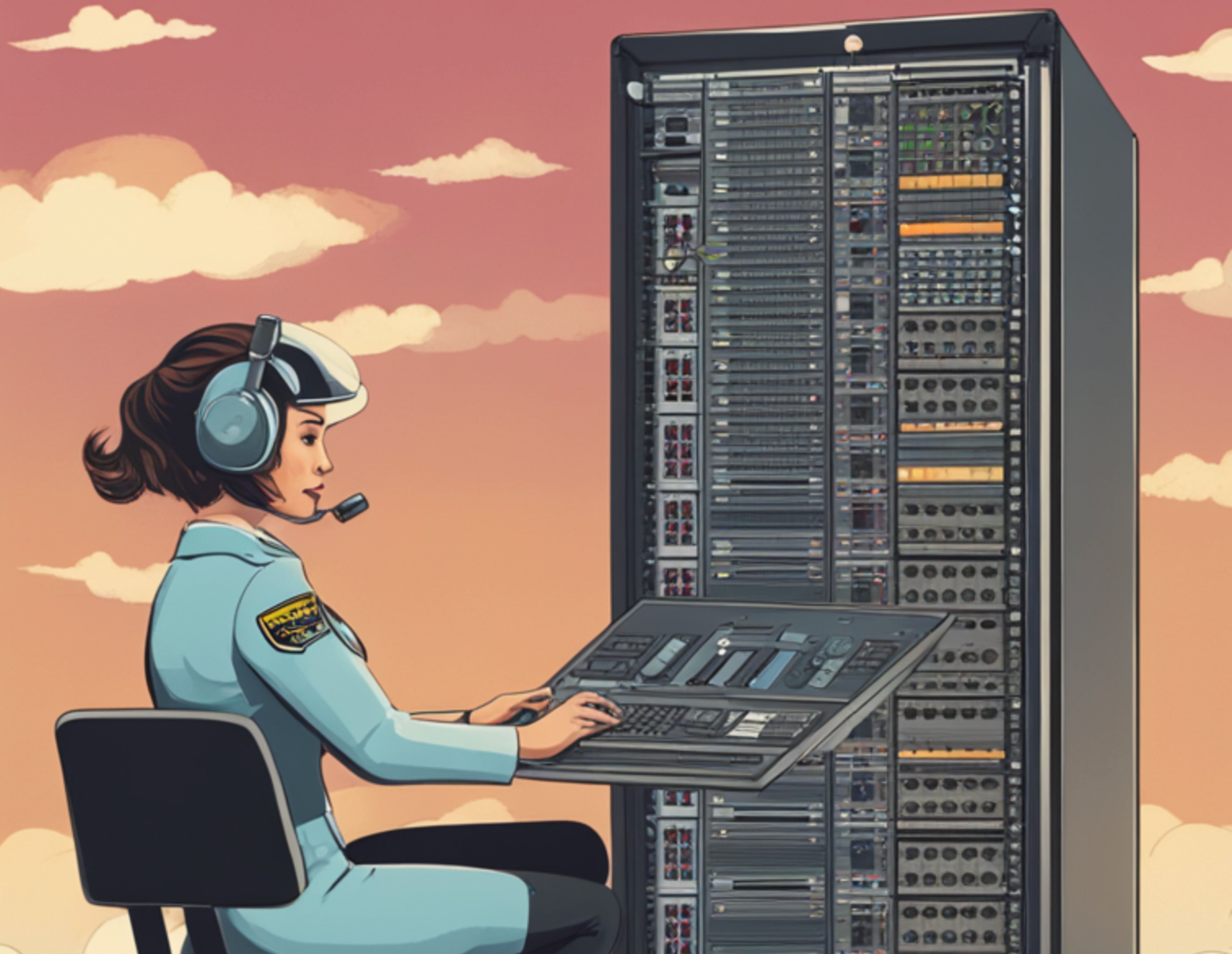 Generated image of a woman in a pilot uniform sitting at a server rack