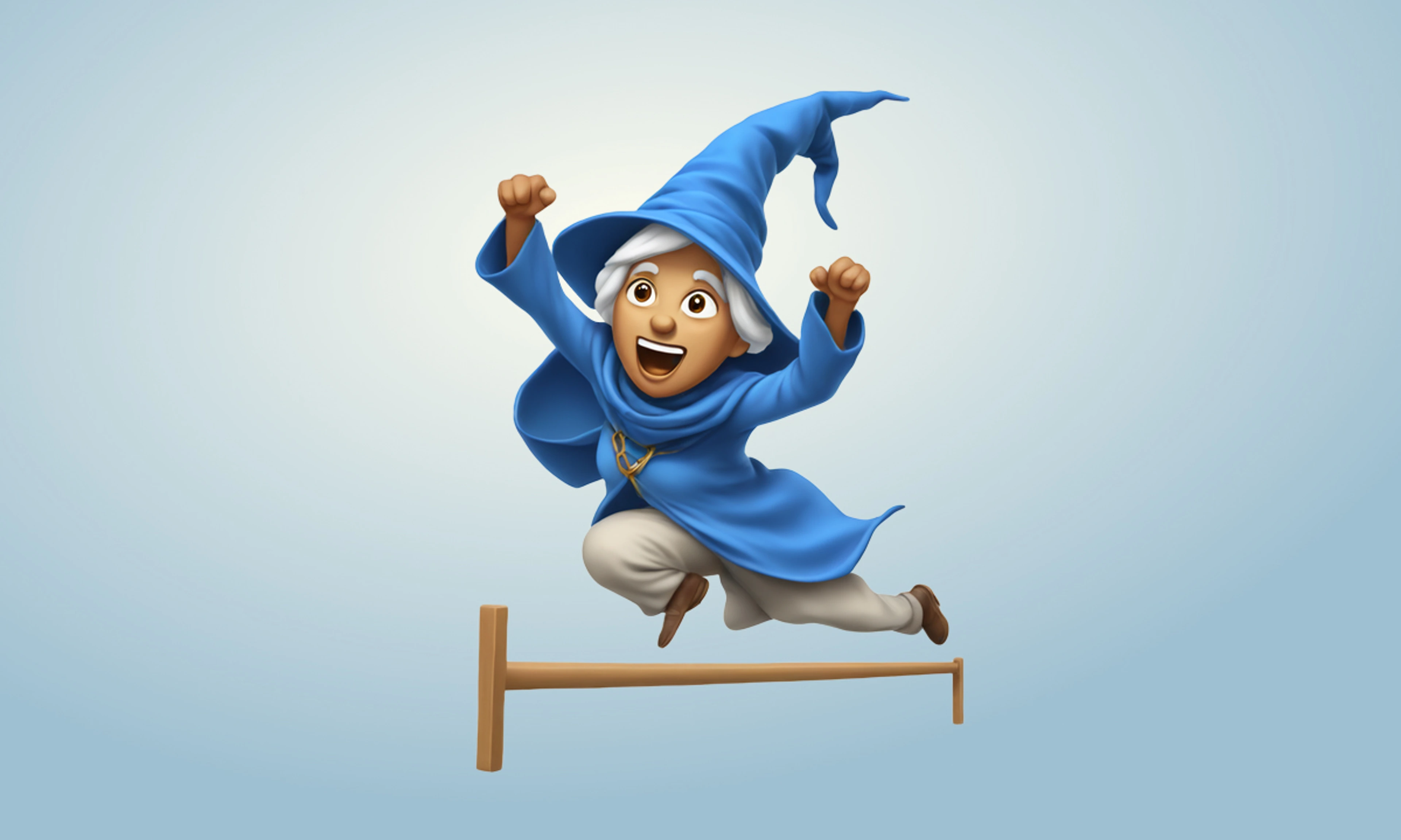 A cartoon woman with gray hair and a wizard robe and hat jumping over a hurdle