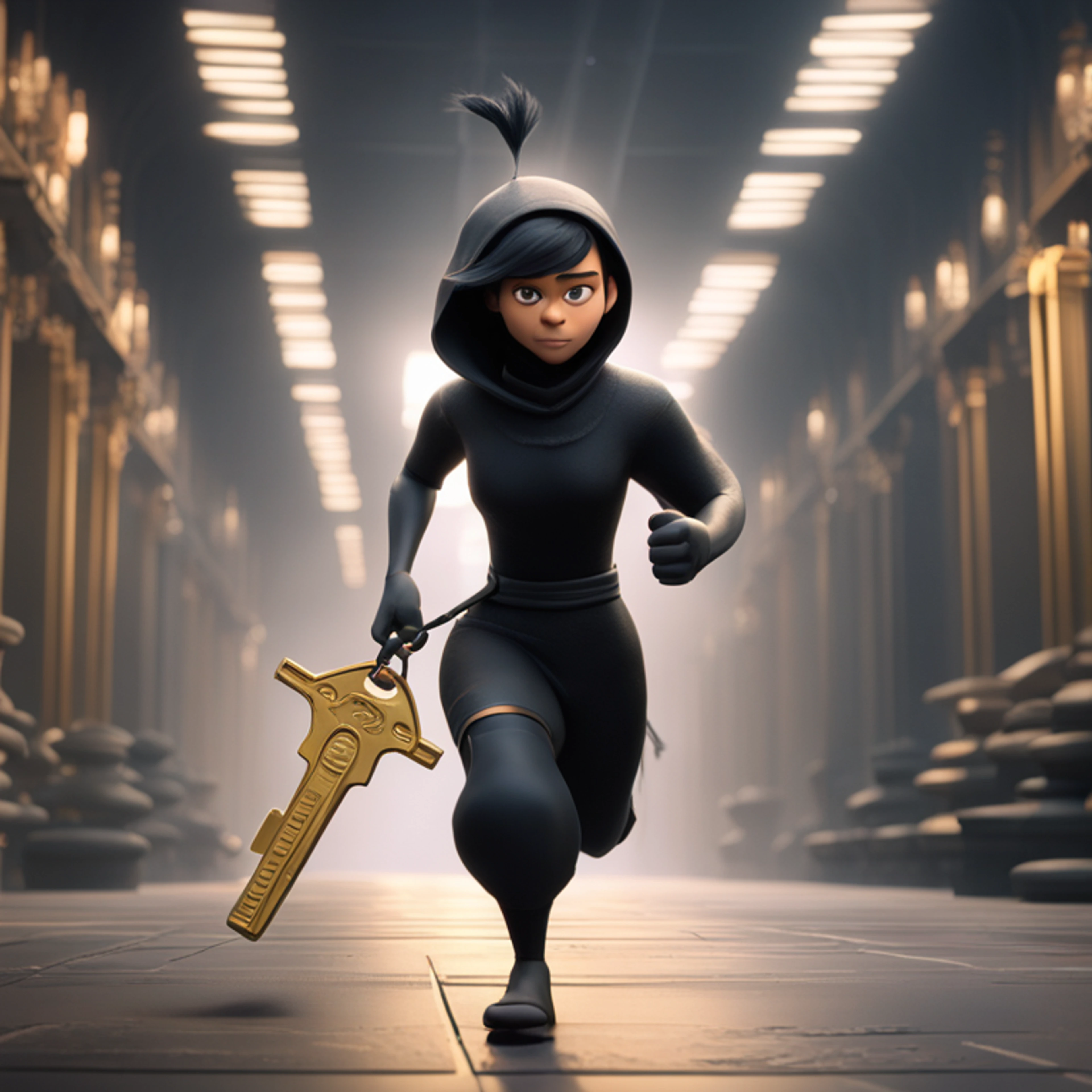 AI generated image of "Pixar running woman in black ninja yoroi holding shiny keys, mysterious color palette, detailed, 8k, holding shiny gold keys"