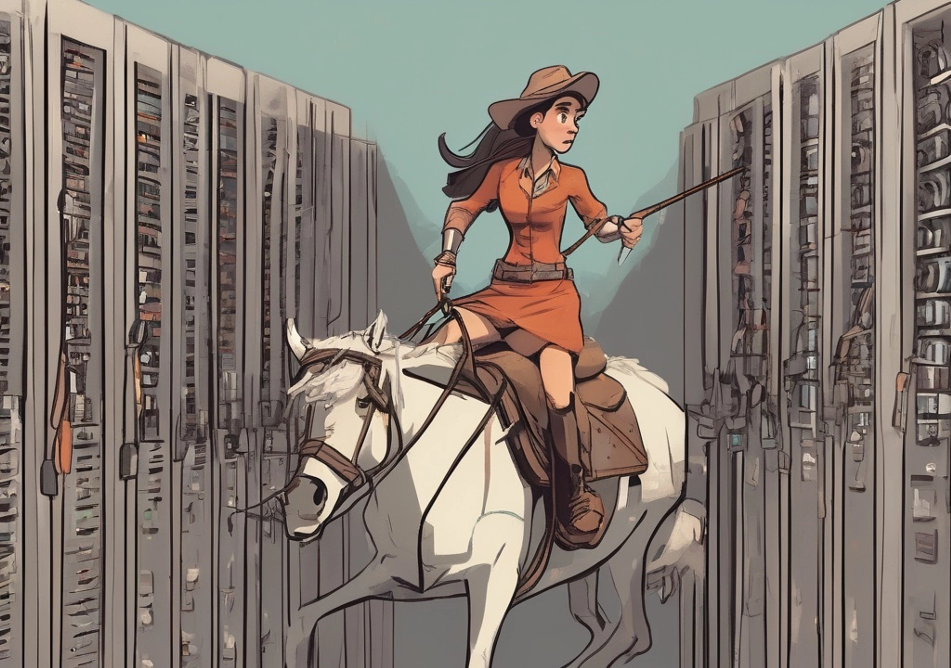 A woman on a horse lassoing a server rack