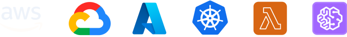 List of cloud provider logos: AWS, Google, Azure, Kubernetes, AWS Lambda, and SageMaker