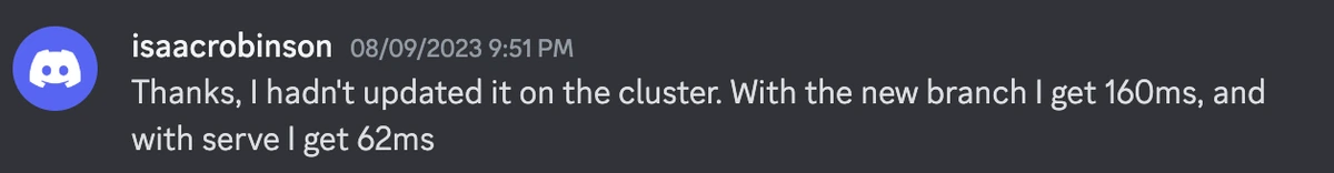 Thanks, I hadn't updated it on the cluster. With the new branch I get 160ms, and with serve I get 62ms