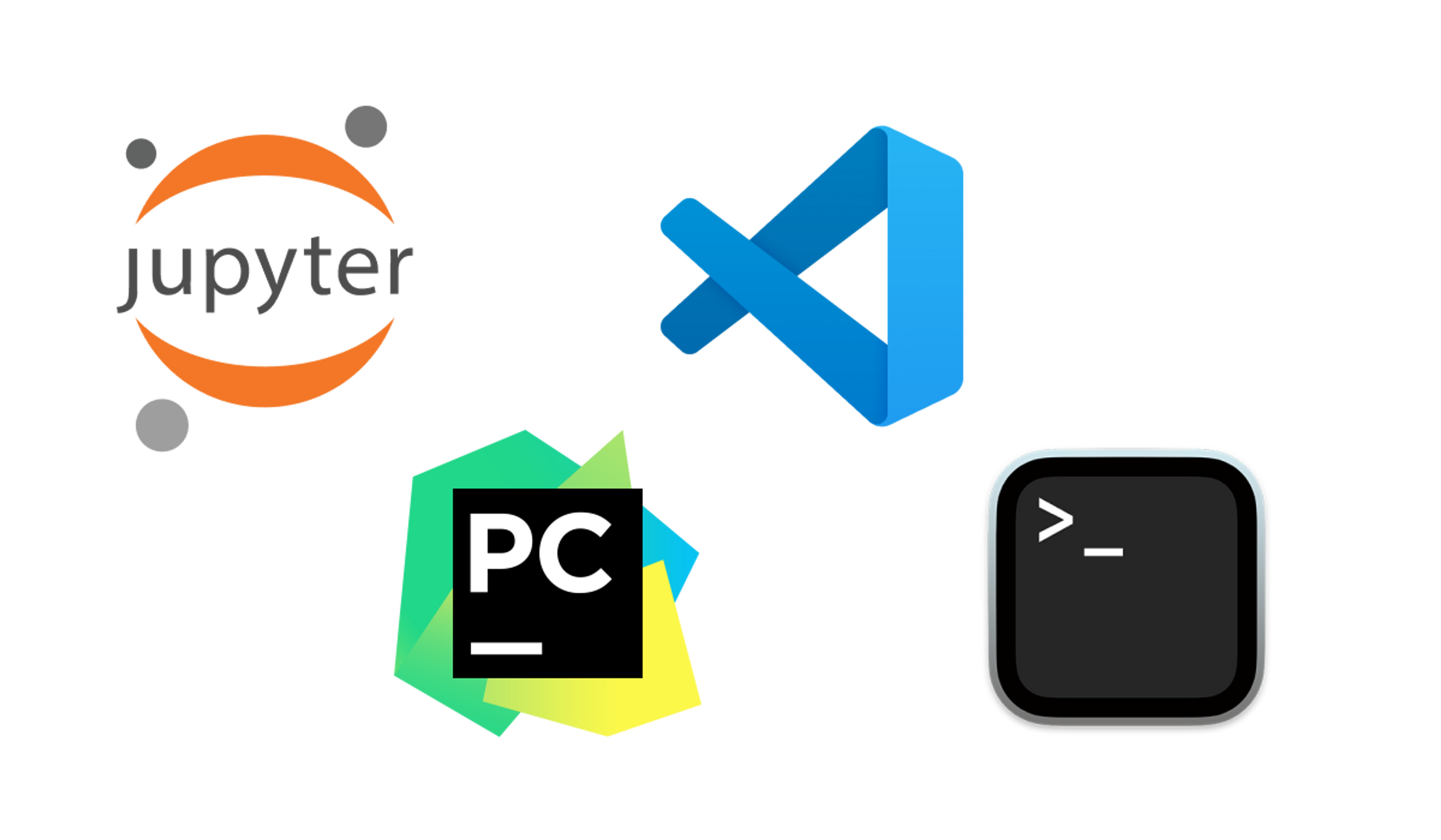 Various logos for Jupyter, Visual Studio, PyCharm, and terminal