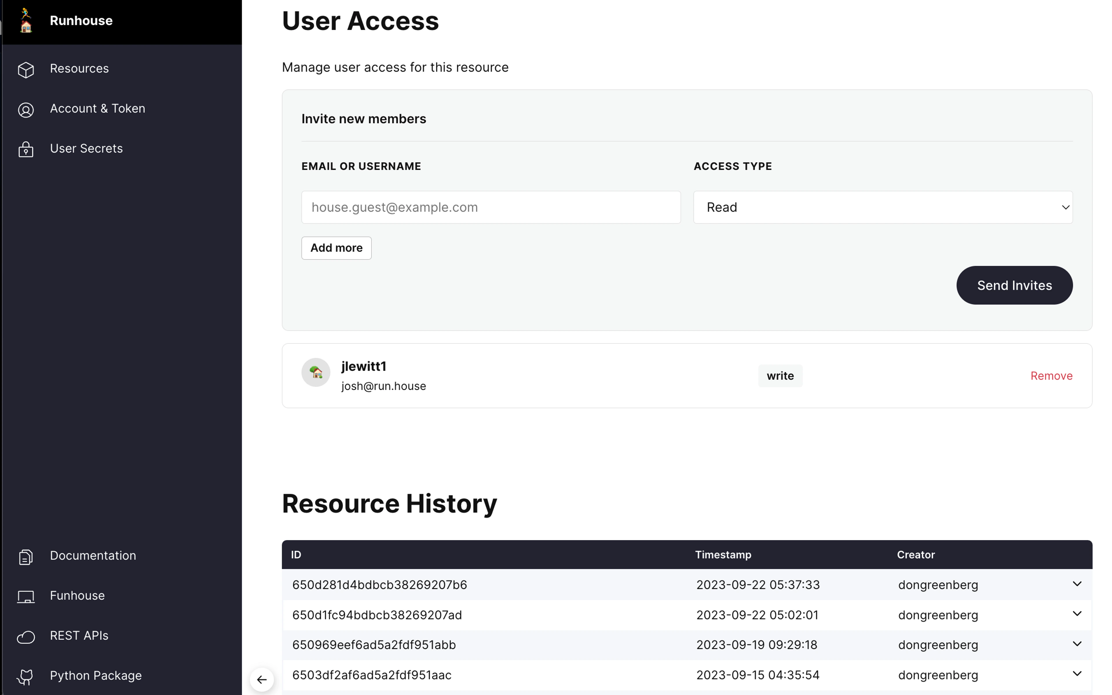 The access control and version view of the resource in Runhouse Den.