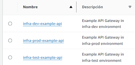 Resources created on api gateway: dev, prod, test