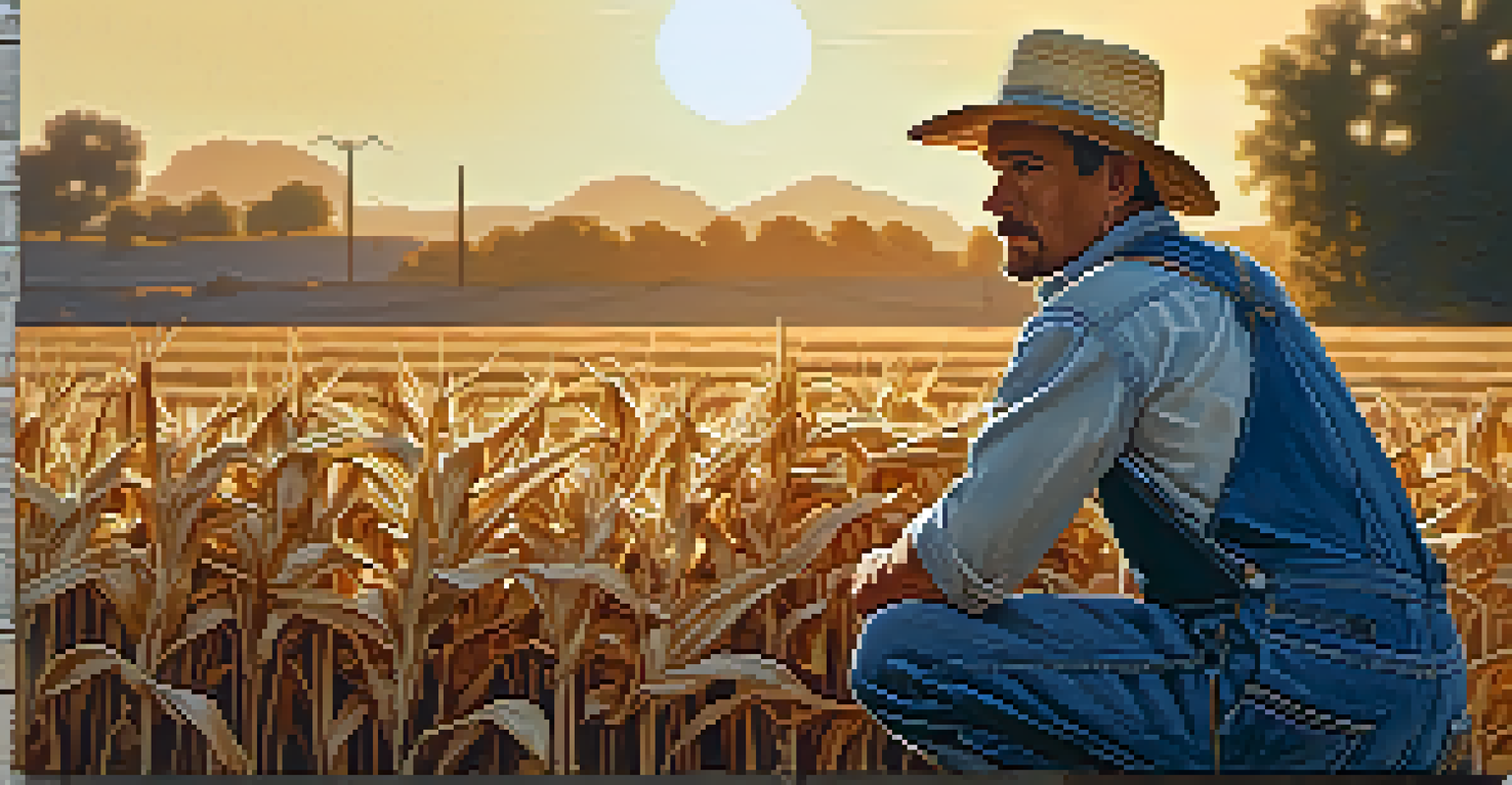 A farmer in a field looking at wilting corn plants during a drought, with a sunset background.
