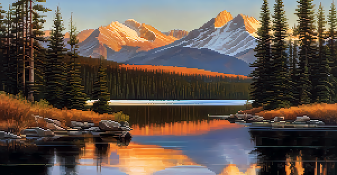 A picturesque view of the Rocky Mountains at sunset, showcasing golden light on the peaks and a calm lake surrounded by trees.