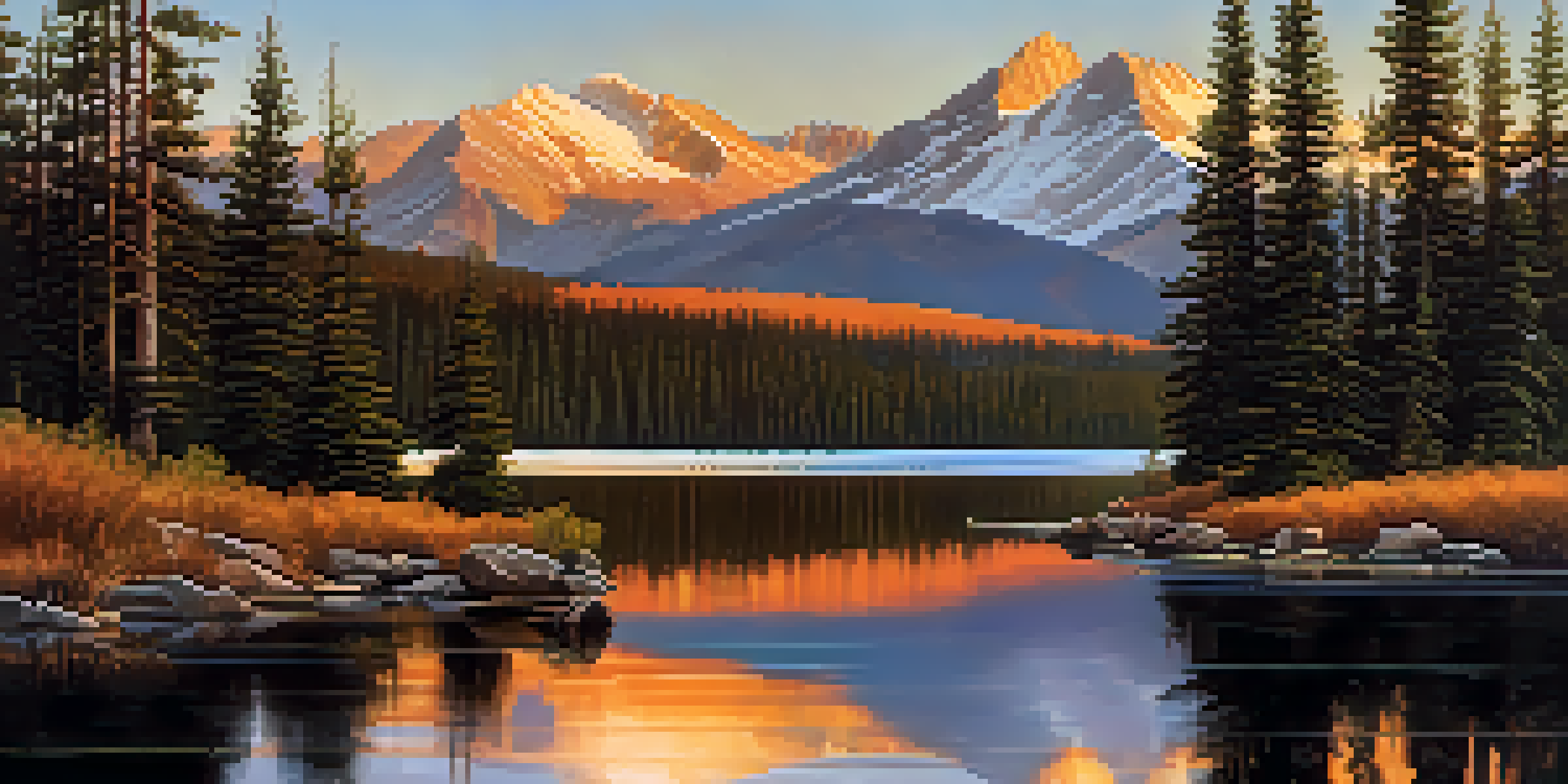A picturesque view of the Rocky Mountains at sunset, showcasing golden light on the peaks and a calm lake surrounded by trees.