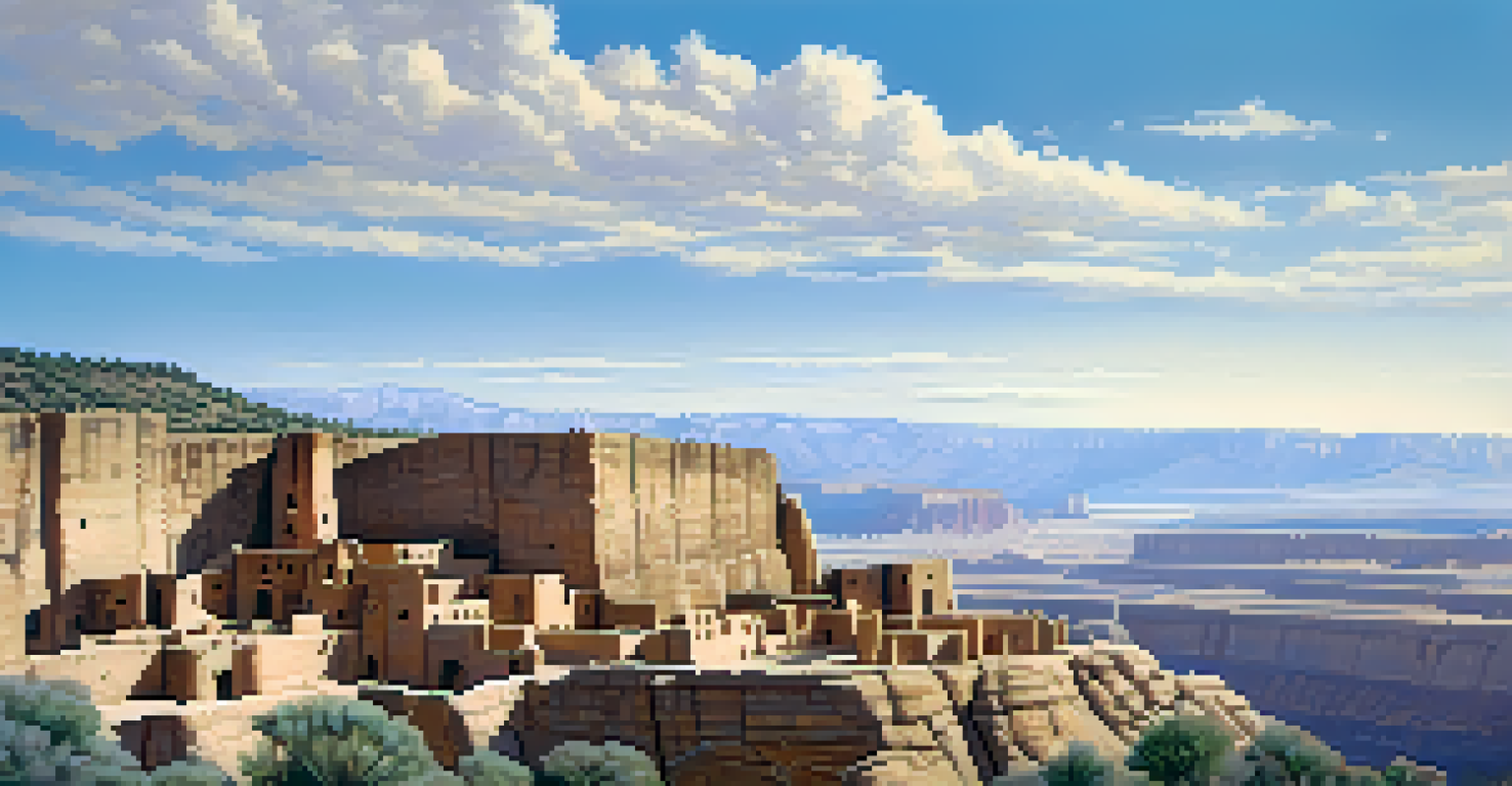 A panoramic view of Cliff Palace set against a blue sky and mountains, highlighting its architecture and natural surroundings.