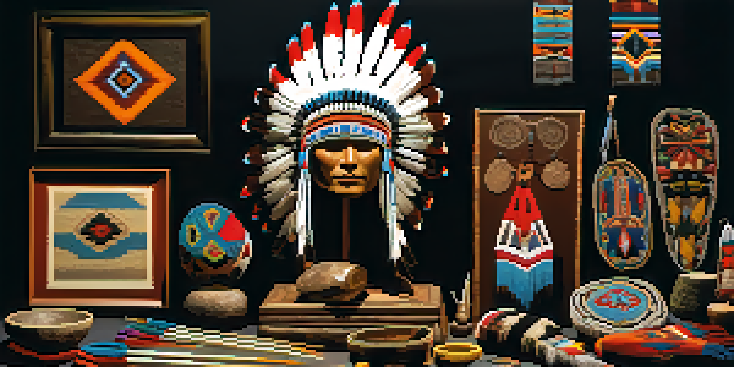 Display of Native American artifacts including beadwork and masks in a museum, illuminated by spotlighting.