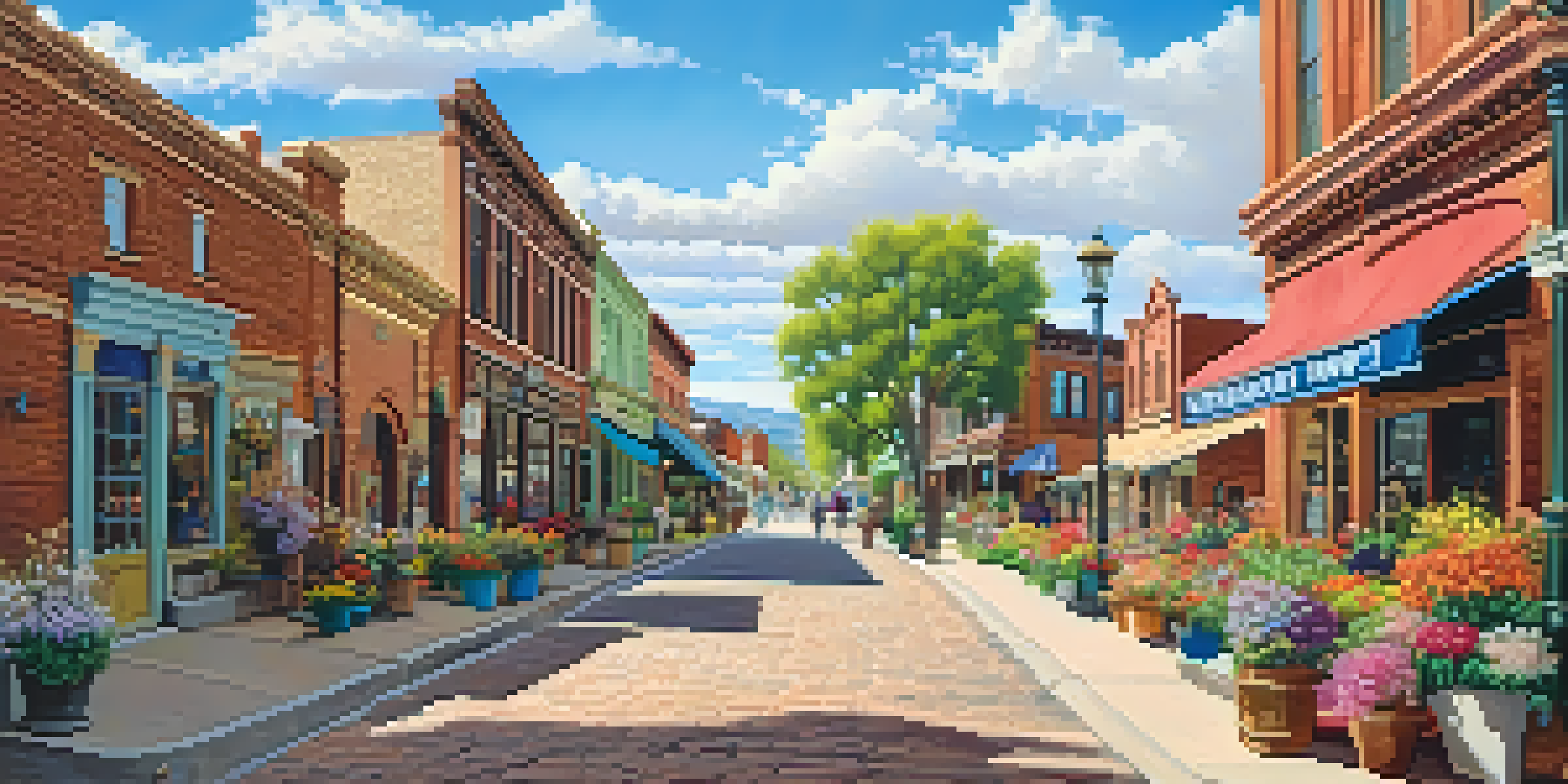 A sunny day in a historic Colorado town featuring 19th-century architecture and blooming flowers, with people walking on cobblestone streets.