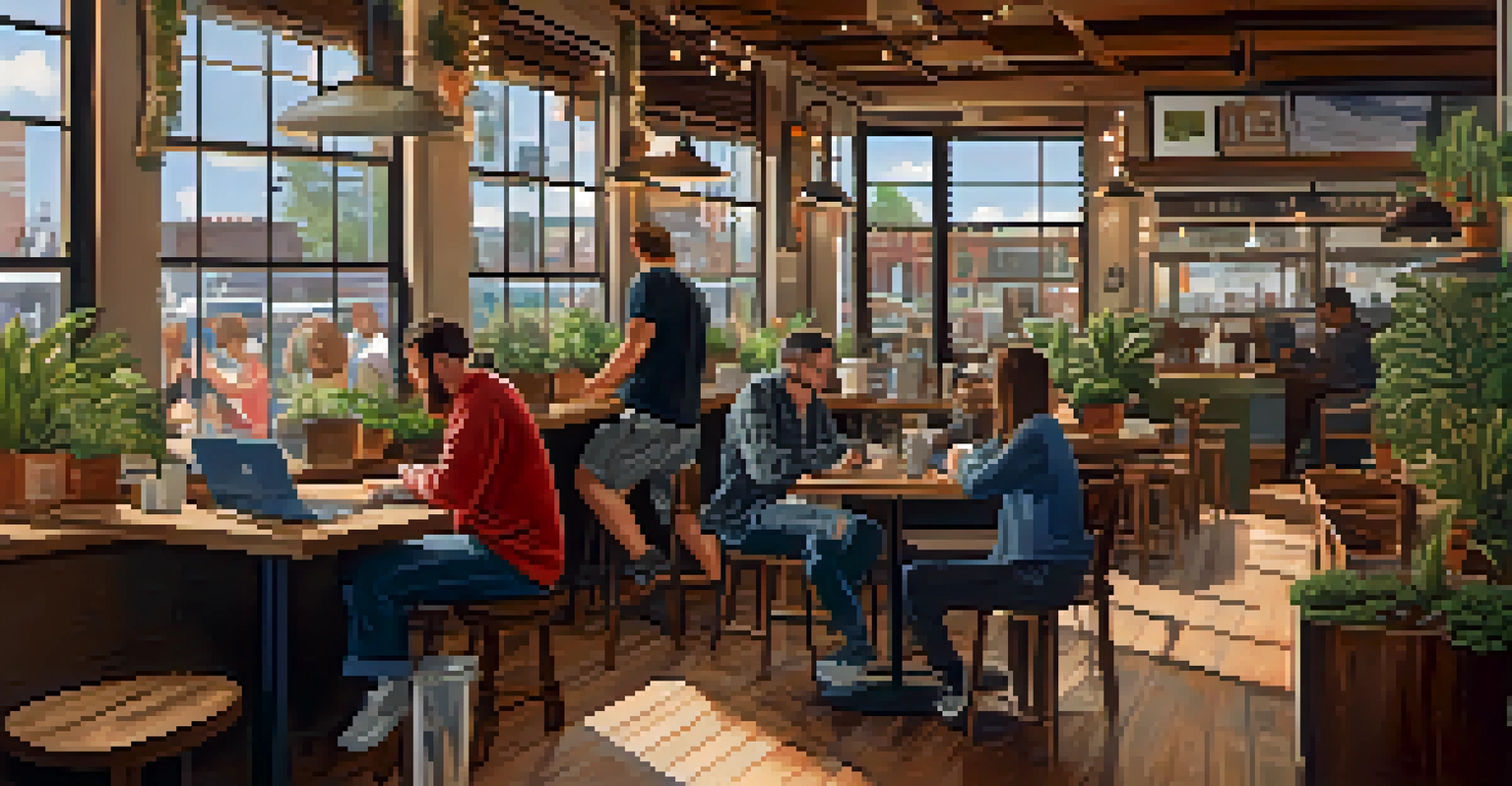 Interior of a cozy coffee shop in Denver, Colorado, with people working on laptops and rustic furniture.