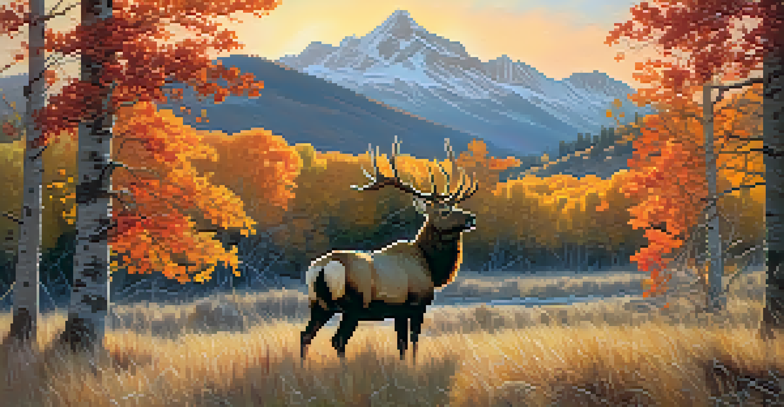 A colorful autumn scene in Colorado with a bull elk calling among vibrant fall foliage and mountains in the background during sunset.