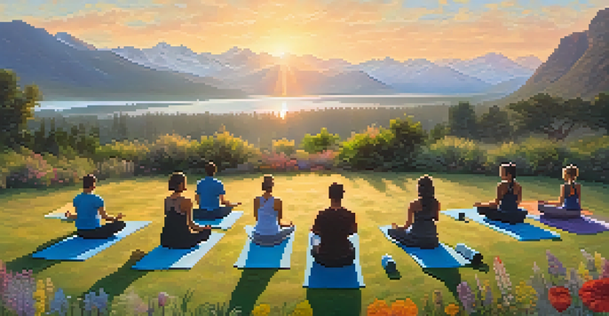 A diverse group of people practicing yoga outdoors at sunrise with the Rocky Mountains in the background, surrounded by greenery and flowers.
