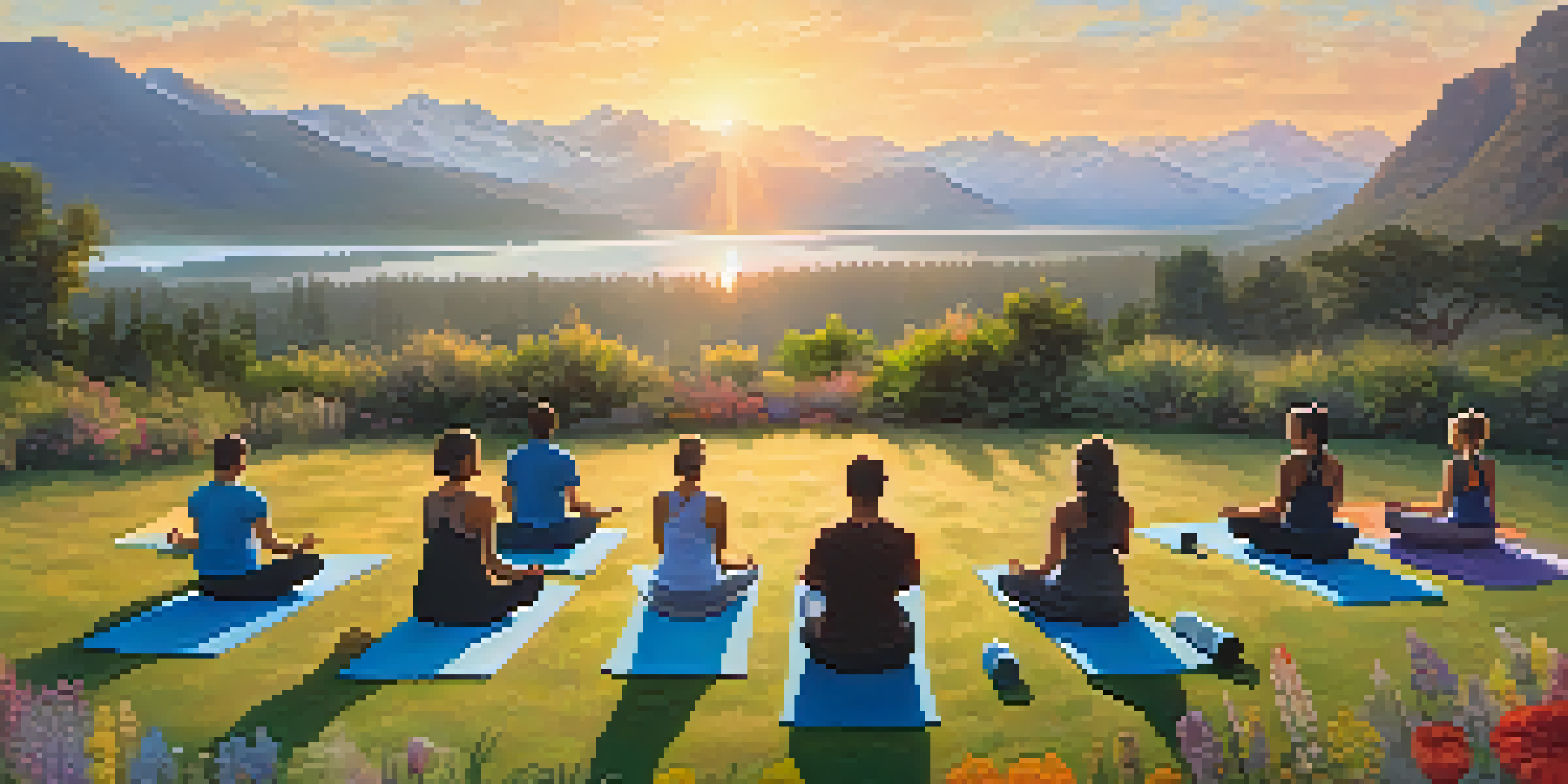 A diverse group of people practicing yoga outdoors at sunrise with the Rocky Mountains in the background, surrounded by greenery and flowers.