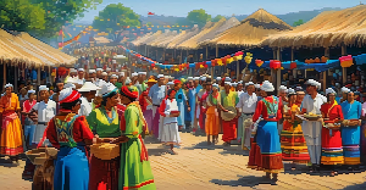 A lively traditional festival with locals in colorful attire celebrating their culture through dance and handmade crafts.