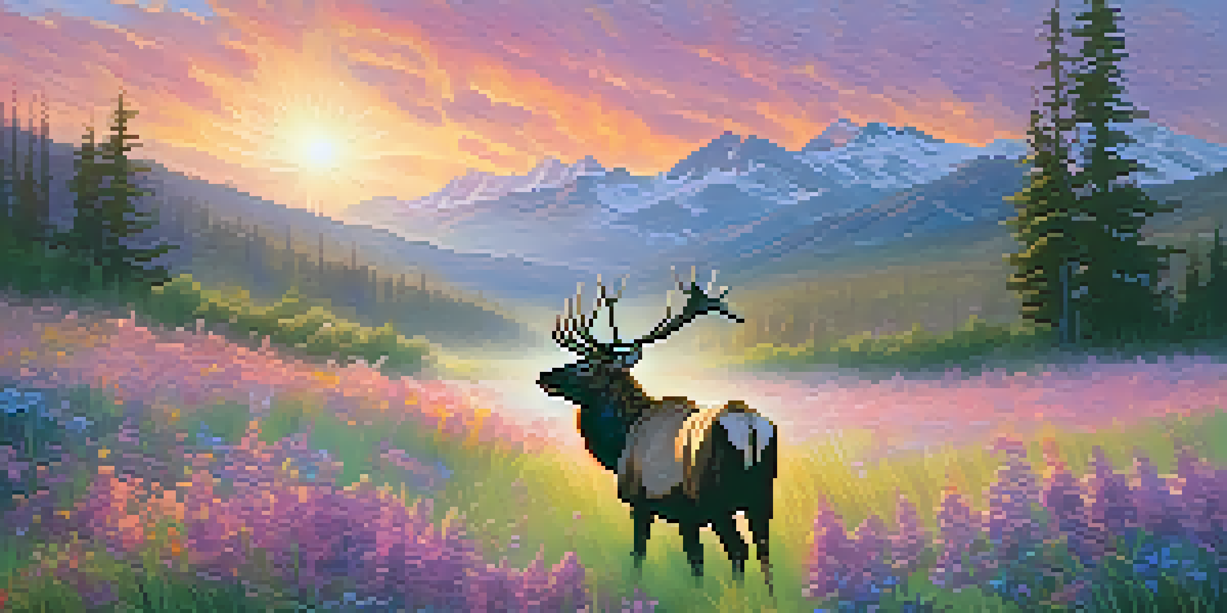 A majestic elk silhouette in front of colorful sunrise over Colorado mountains, with mist and wildflowers in the foreground.