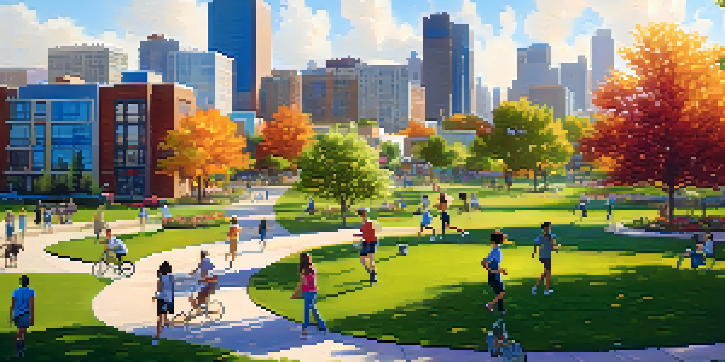 A lively urban park in Colorado with green trees, colorful flowers, and people enjoying outdoor activities, with modern buildings in the background.