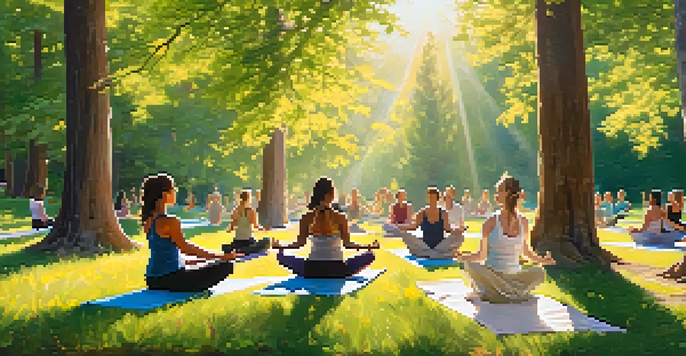 A diverse group of people practicing yoga outdoors in a Colorado park, surrounded by nature and sunlight filtering through the trees.
