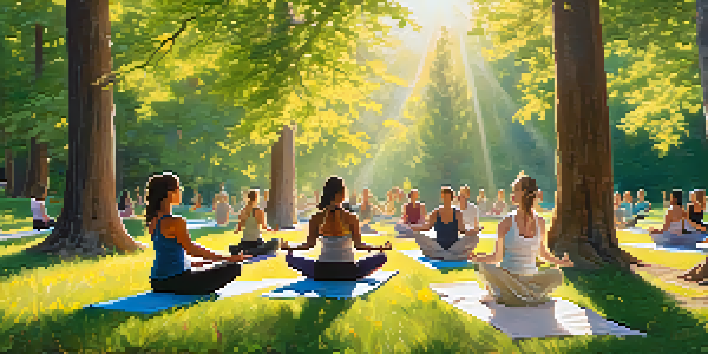 A diverse group of people practicing yoga outdoors in a Colorado park, surrounded by nature and sunlight filtering through the trees.