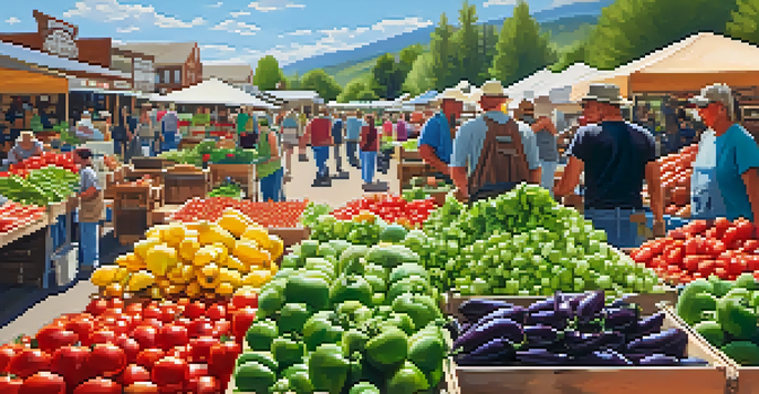A bustling farmers' market with colorful fresh produce and local farmers interacting with customers, set against the Rocky Mountains.