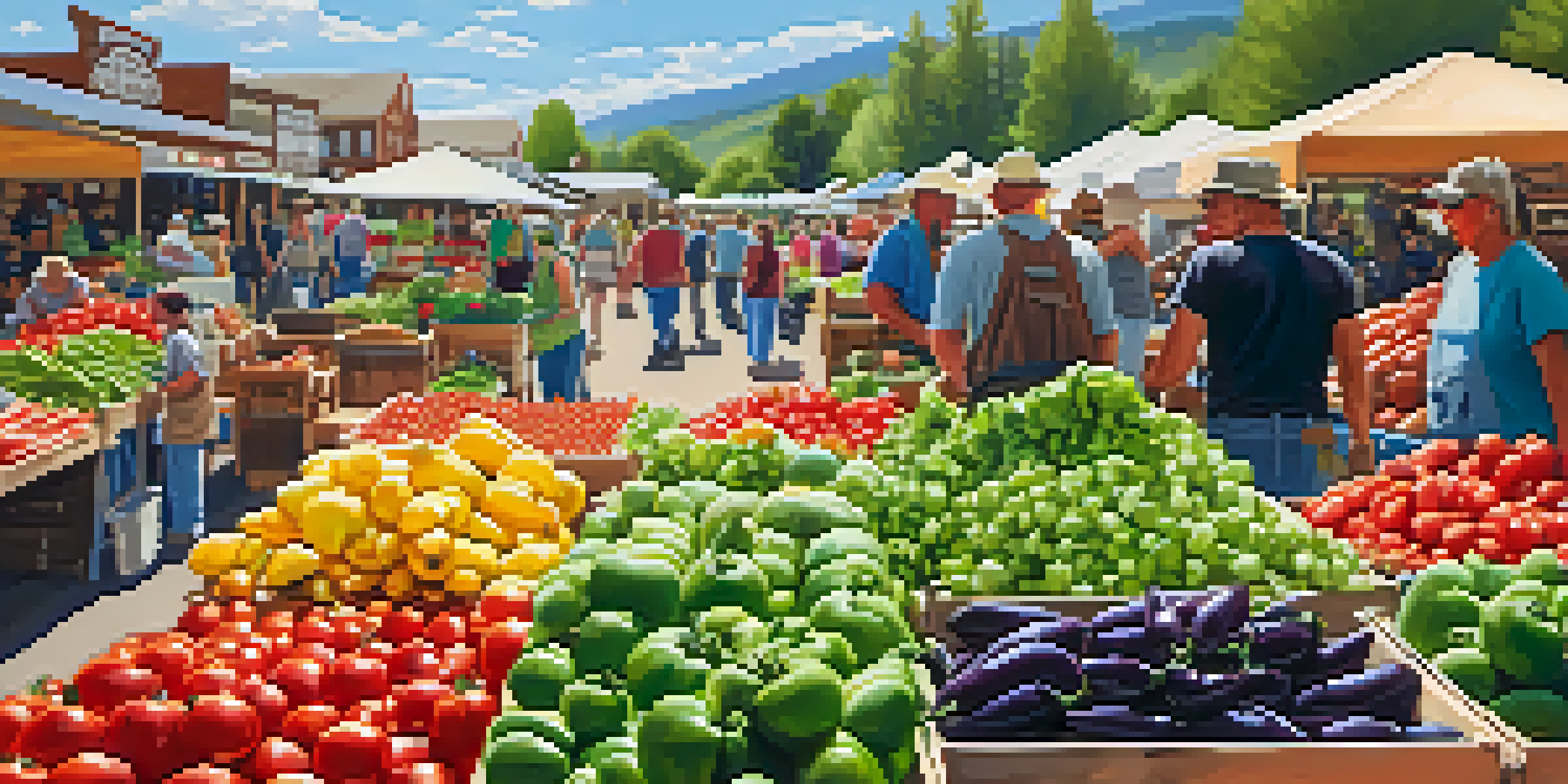 A bustling farmers' market with colorful fresh produce and local farmers interacting with customers, set against the Rocky Mountains.