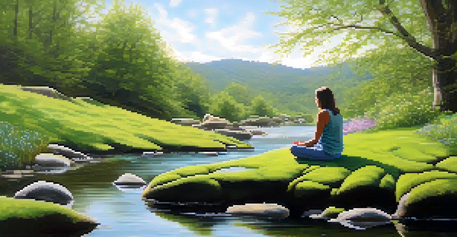 A person meditating on a rock by a calm stream, surrounded by lush greenery and wildflowers, reflecting peace and tranquility.
