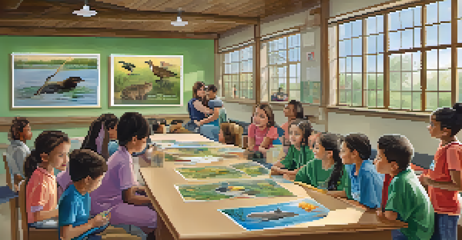 An educational workshop at a wildlife rehabilitation center with a staff member presenting an injured animal to an engaged audience of children and adults.