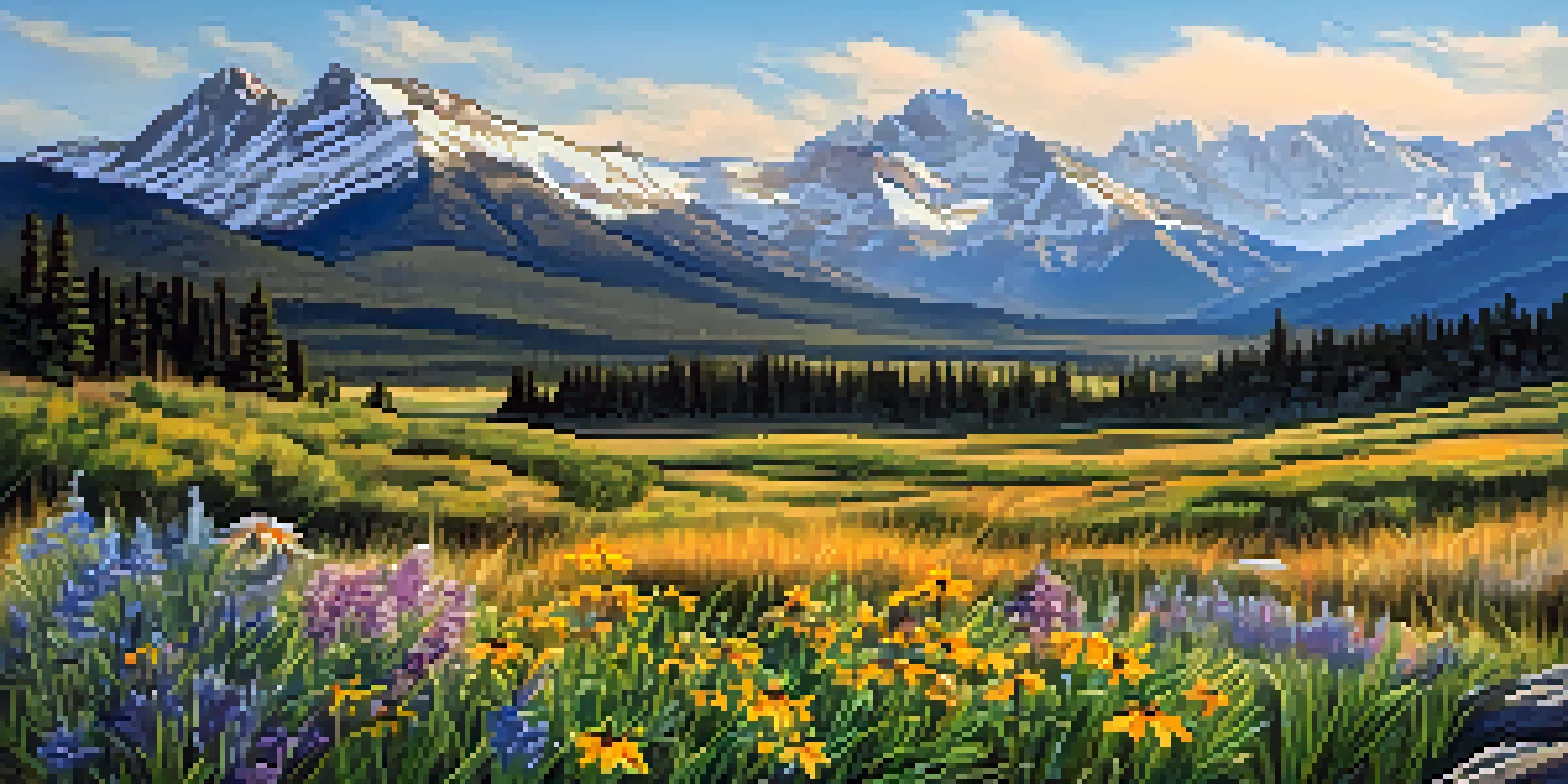 A picturesque view of Colorado's mountains in spring, featuring colorful wildflowers and a golden eagle soaring in the sky.