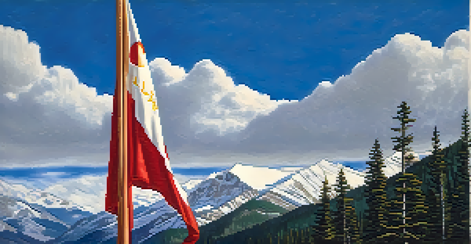 A close-up of the Colorado state flag waving against the backdrop of the Rocky Mountains, illuminated by sunlight.
