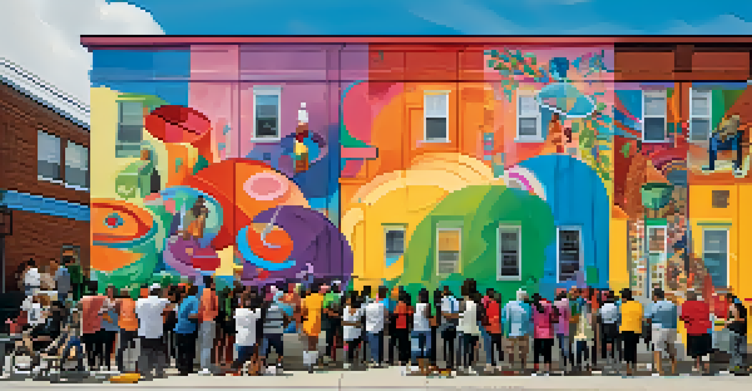 Residents of diverse backgrounds collaborating on a vibrant mural, surrounded by paint buckets.