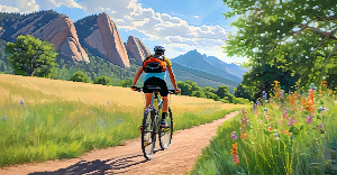 A cyclist on a gentle trail surrounded by wildflowers and the Flatirons rock formations in Boulder, Colorado, with a clear sky and sunlight filtering through the trees.