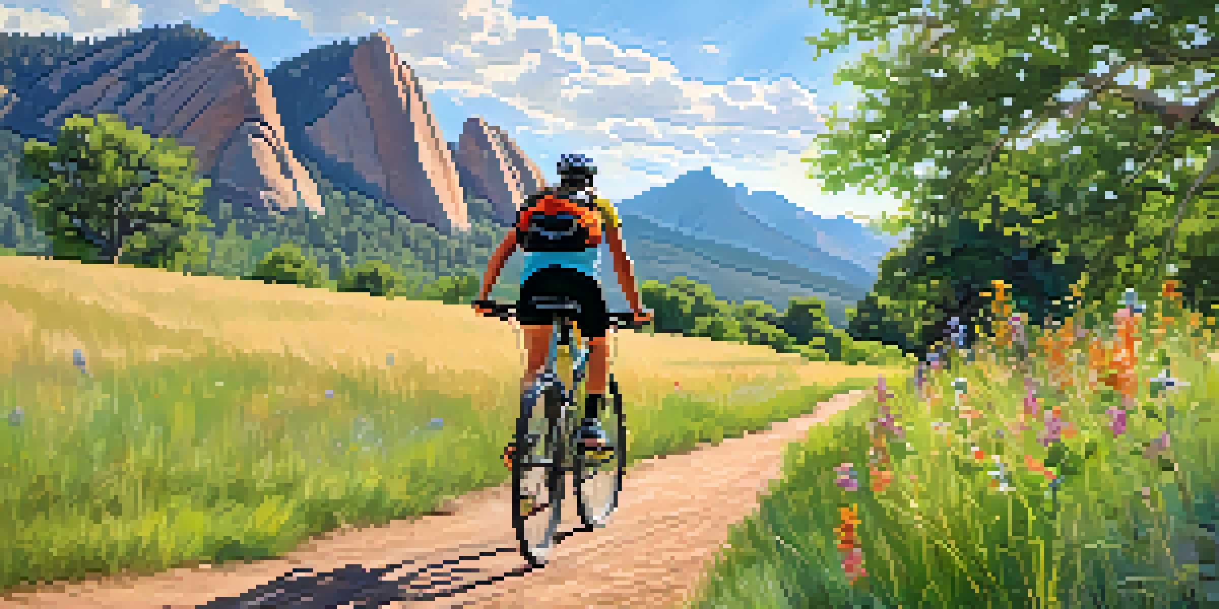 A cyclist on a gentle trail surrounded by wildflowers and the Flatirons rock formations in Boulder, Colorado, with a clear sky and sunlight filtering through the trees.